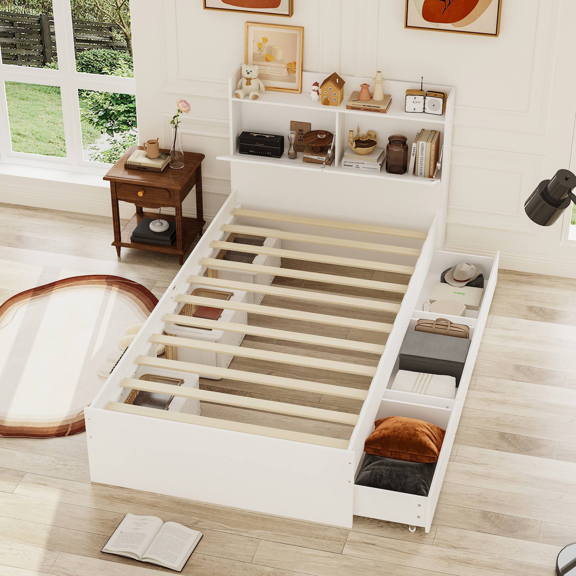 Alt View 1. Famapy - Famapy Multifunctional Kids Bed with Storage Drawers & Headboard Space - Saving Slat Bed for Children's Bedroom - White.