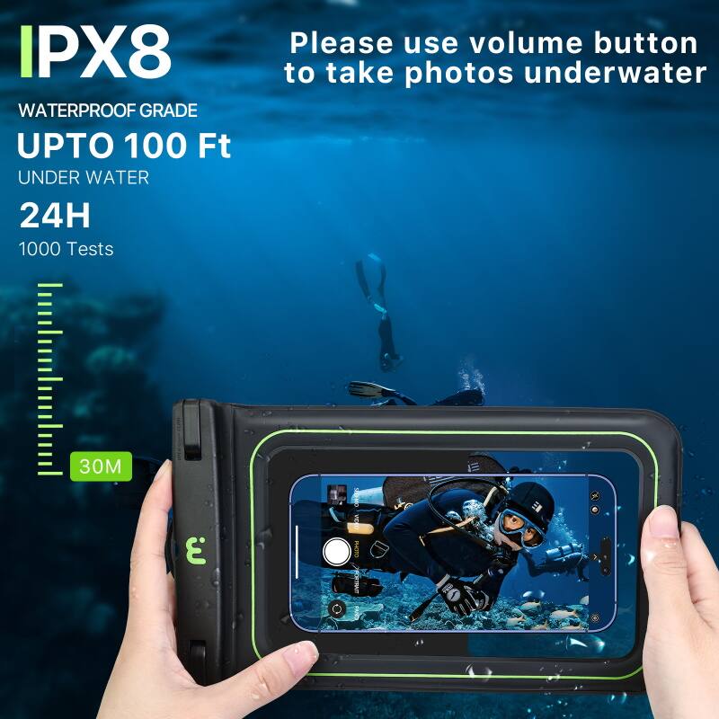 IPX8 WATERPROOF GRADE UPTO 100 Ft UNDER WATER 24H 1000 Tests Please use volume button to take photos underwater 30M