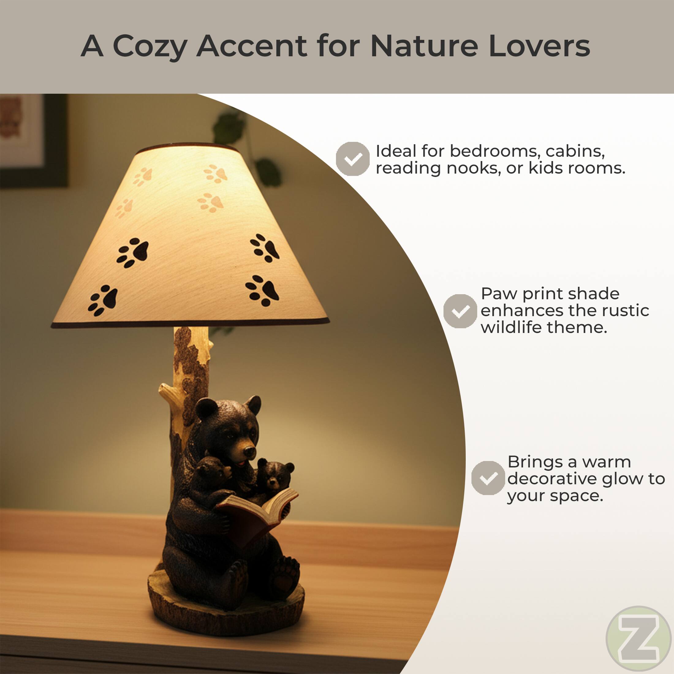 A Cozy Accent for Nature Lovers

Ideal for bedrooms, cabins, reading nooks, or kids rooms.

Paw print shade enhances the rustic wildlife theme.

Brings a warm decorative glow to your space.