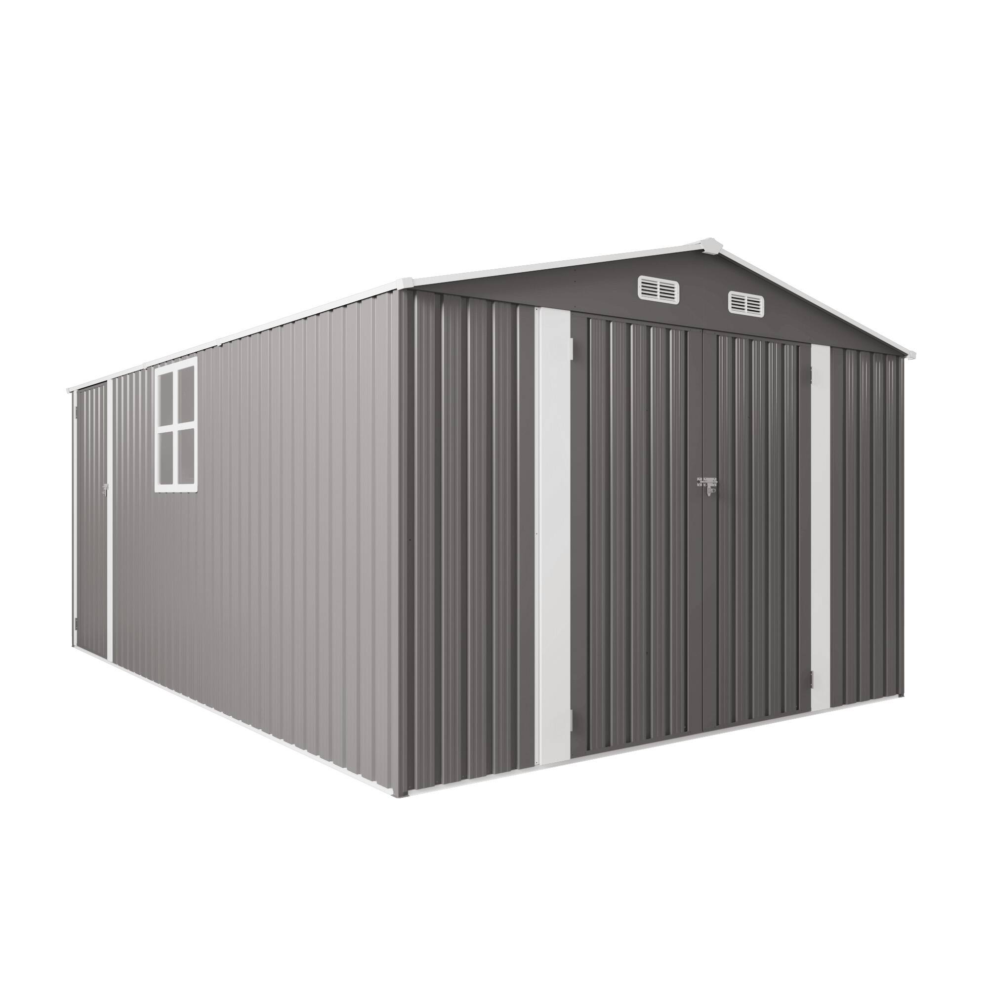 Alt View 7. Mondawe - 10x14 FT Outdoor Metal Storage Shed with Three Lockable Doors and Clear Window - Gray.
