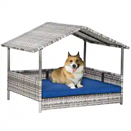 Pawhut - Wicker Dog House Outdoor, Canopy, Rattan Bed, Water-resistant Cushion, 66 lbs, 19.75", Gray Wicker, Cushion - Blue
