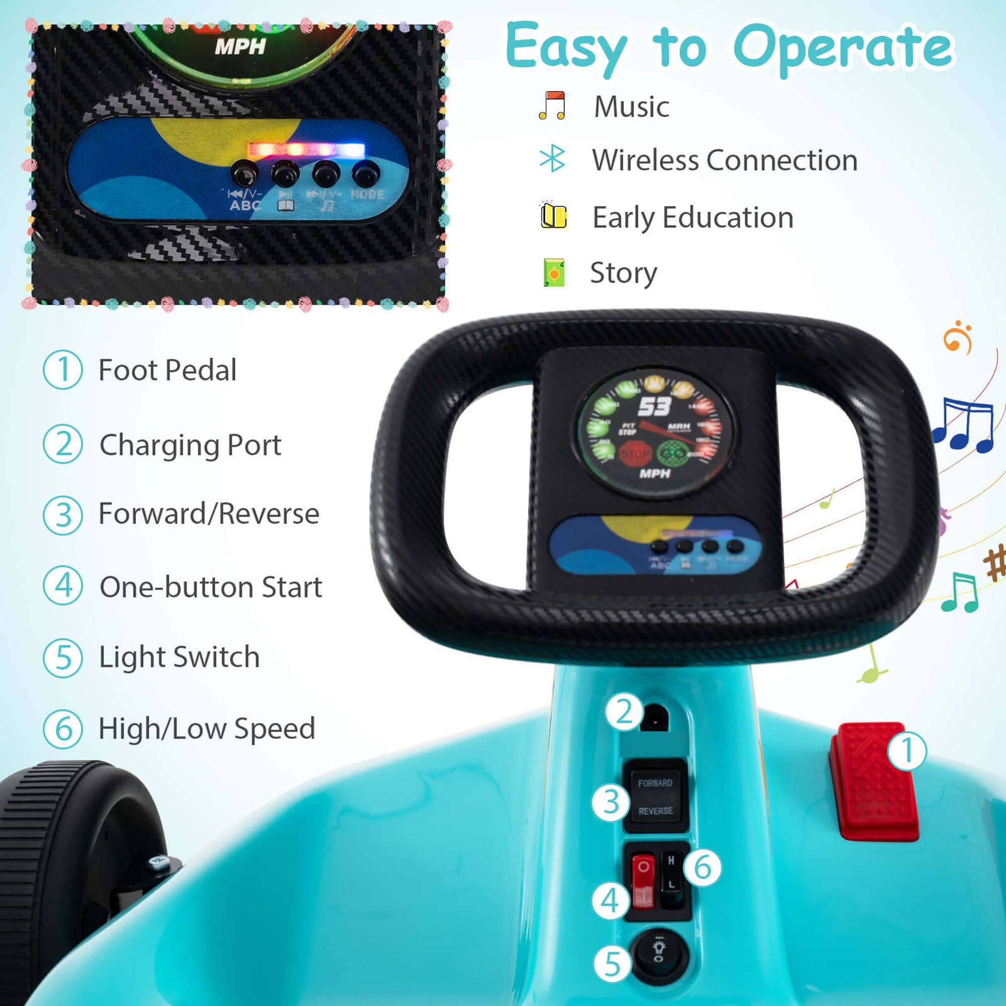 Easy to Operate

- Music
- Wireless Connection
- Early Education
- Story

1. Foot Pedal
2. Charging Port
3. Forward/Reverse
4. One-button Start
5. Light Switch
6. High/Low Speed

MPH

HM/V- ABC NODE

53 PT AmP - STOP MPH

FORWARD
REVERSE

H
L