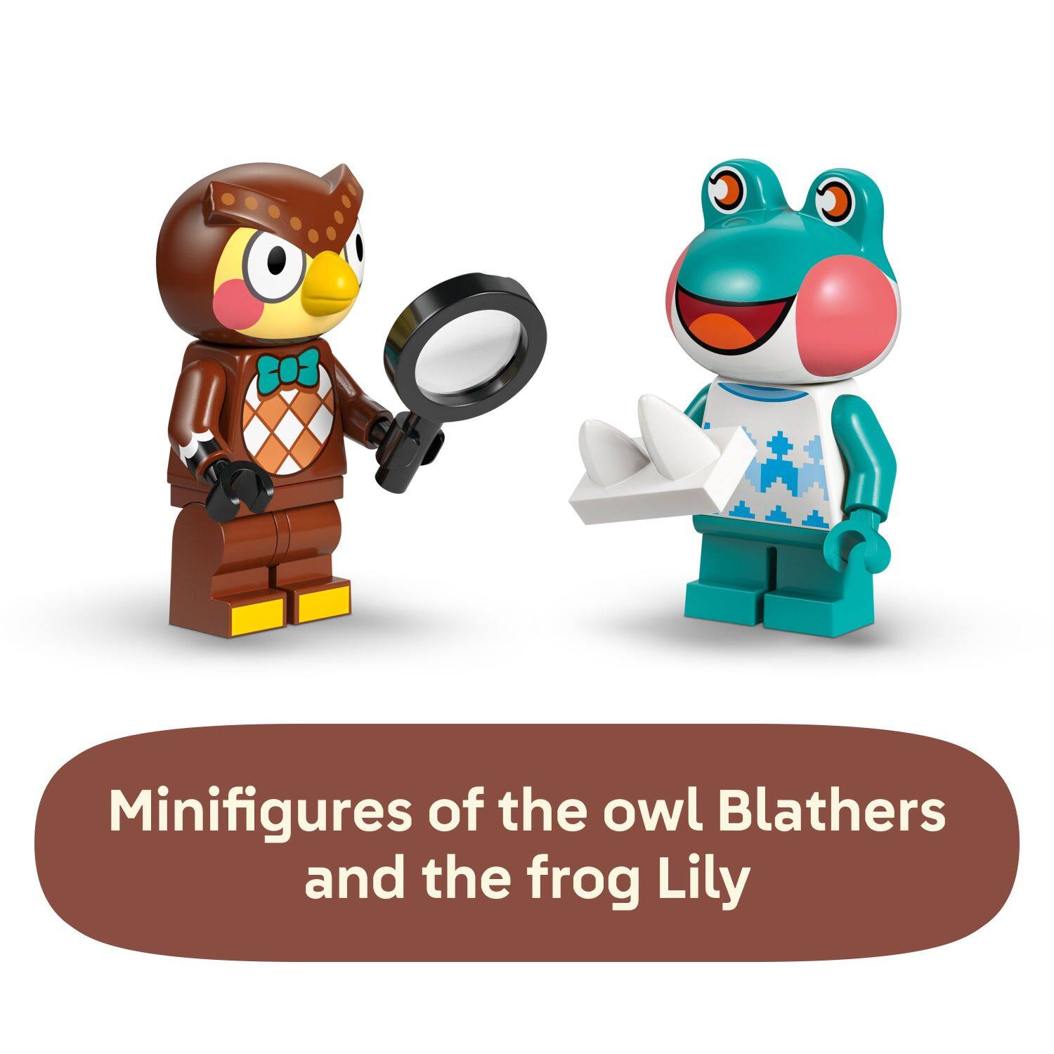 Minifigures of the owl Blathers and the frog Lily