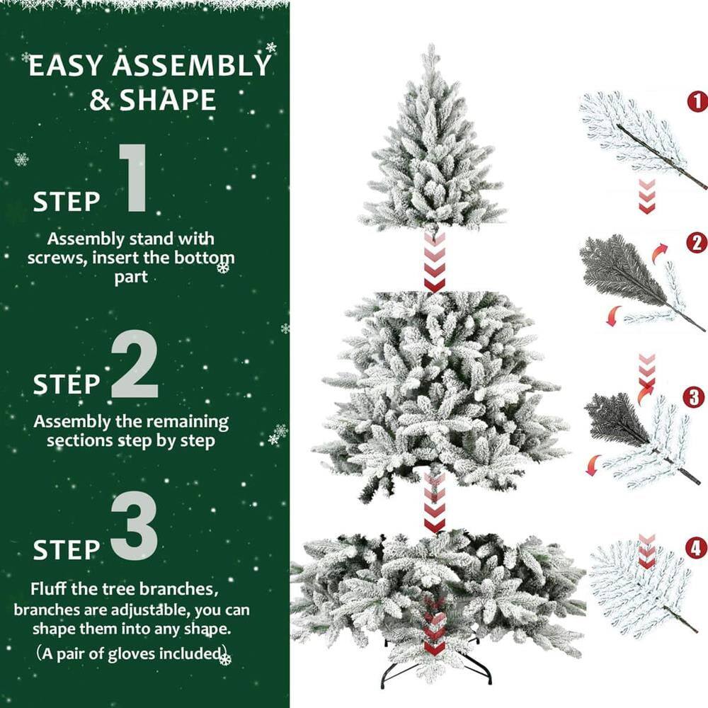 EASY ASSEMBLY & SHAPE

STEP 1  
Assembly stand with screws, insert the bottom part.

STEP 2  
Assembly the remaining sections step by step.

STEP 3  
Fluff the tree branches, branches are adjustable, you can shape them into any shape.  
(A pair of gloves included)