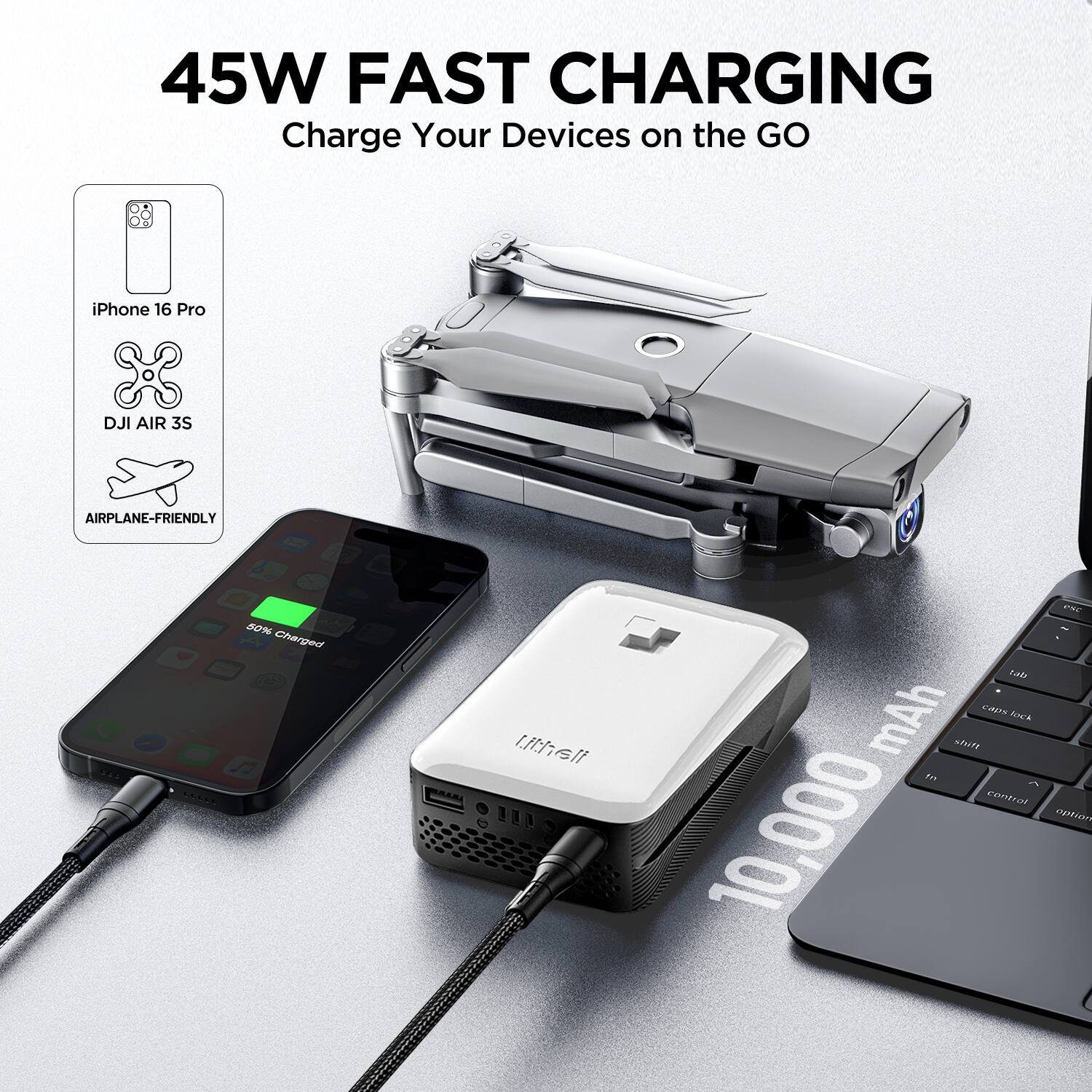 45W FAST CHARGING Charge Your Devices on the GO iPhone 16 Pro DJI AIR 3S AIRPLANE-FRIENDLY 10,000 mAh