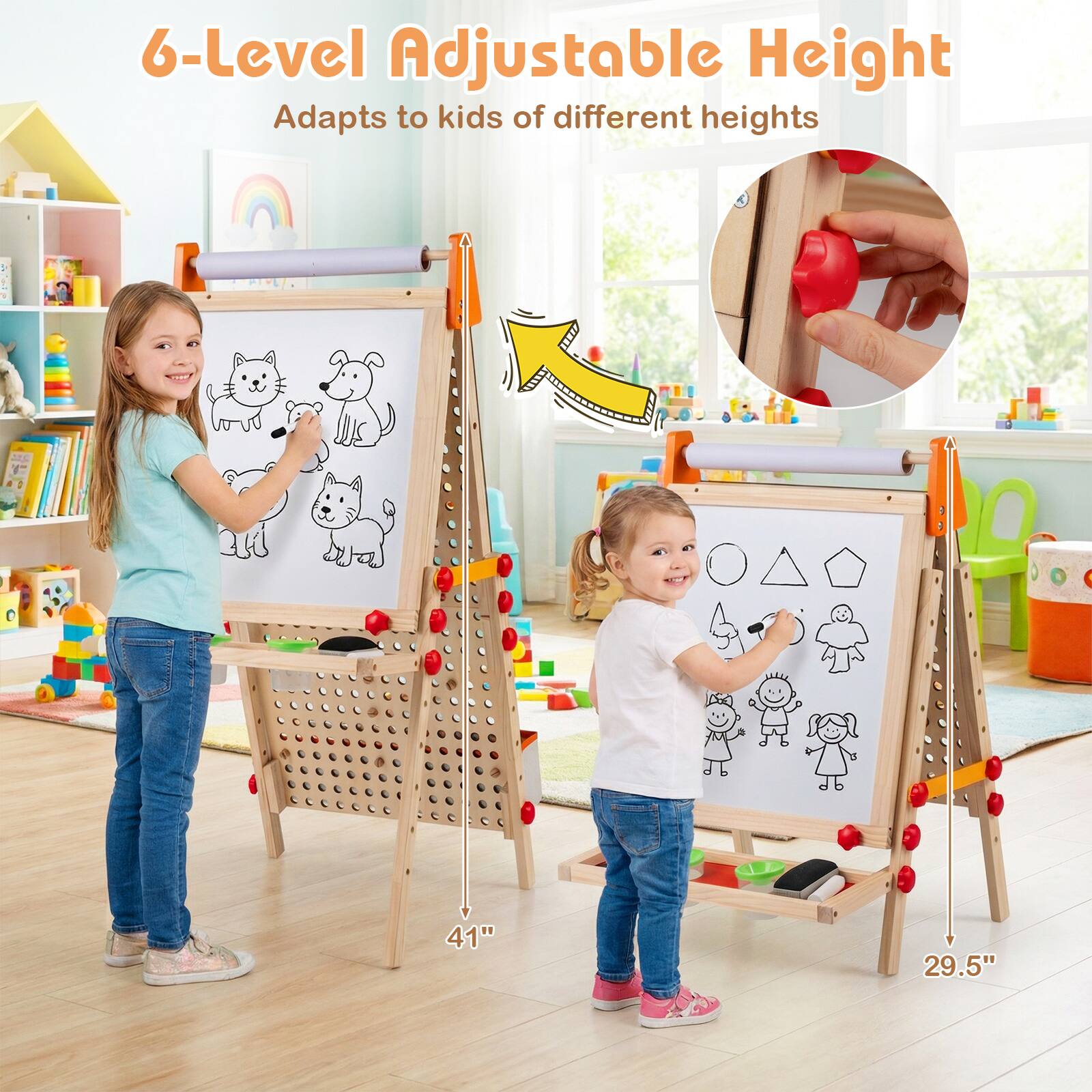 6-Level Adjustable Height  
Adapts to kids of different heights  

41"  
29.5"