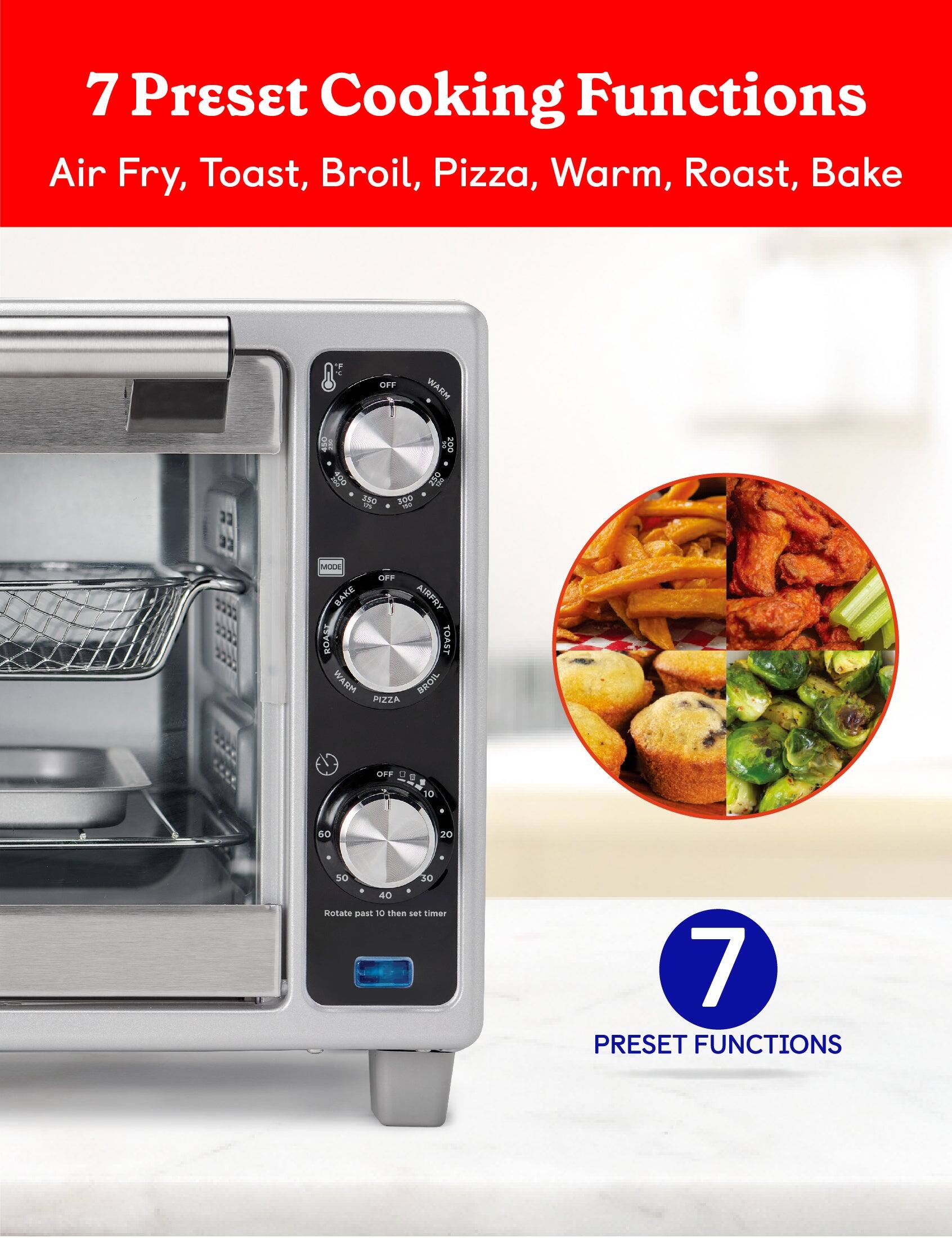 The text on the image can be grouped and corrected as follows:

**7 Preset Cooking Functions:**
- Air Fry
- Toast
- Broil
- Pizza
- Warm
- Roast
- Bake

**Additional Information:**
- Price: $220
- Timer: Rotate past 10 then set timer

**Preset Functions:**
- OFF
- WARM
- BAKE
- AIR FRY
- ROAST
- WARM
- BROIL
- PIZZA
- OFF

**Note:** The image shows a toaster oven with various preset functions and a sample of food items that can be cooked using it.