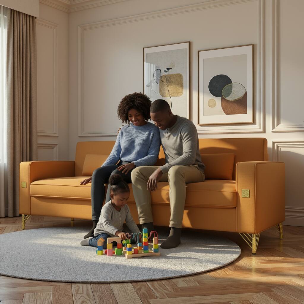 Angle. Anysun - Luxury 3-Seat Velvet Sofa with Gold Accents - Plush Cushions for Living Room & Office. - Orange.