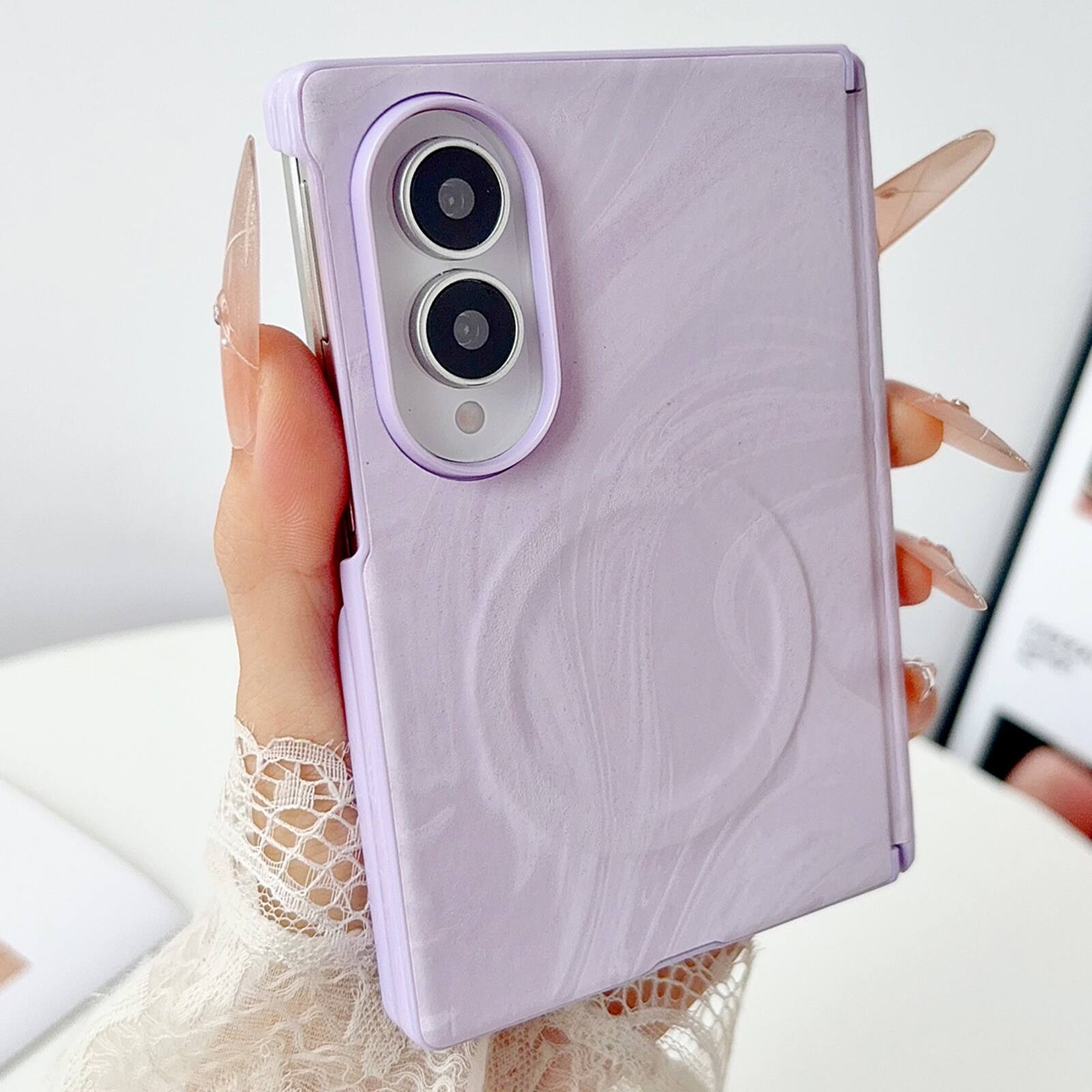 Angle. Dteck - Hinge Case for Samsung Galaxy Z Fold8,PU Leather Slim Back Cover,No Front Frame Heat Dissipation Magnetic Case - Purple.