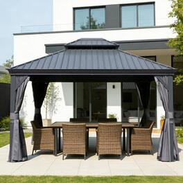 Mondawe - 13x15FT Outdoor Gazebo,Galvanized Steel Double Roof,Curtains and Netting Included - Dark Gray