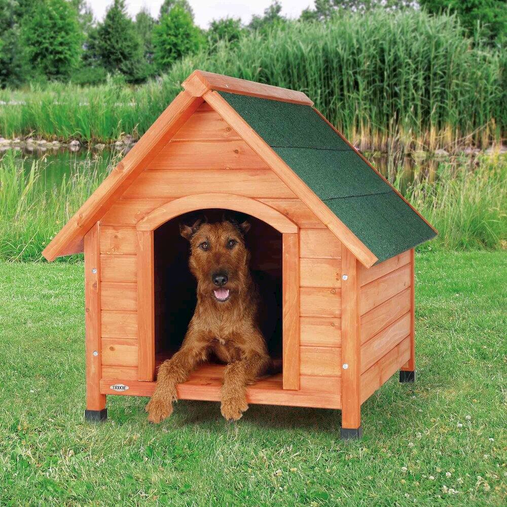 Angle. TRIXIE - Cottage Weatherproof Outdoor Wooden Dog House Raised Floor for Medium Dogs - Brown.