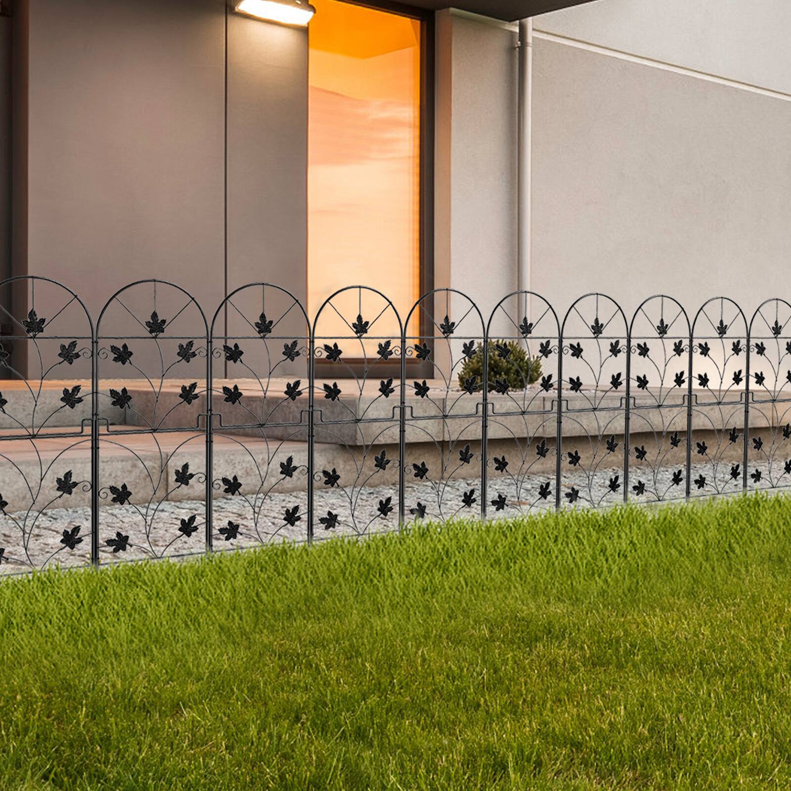 Back. Oumilen - 10-Pack Decorative Garden Fence Panels, 38in Tall Black Metal Leaf Scroll Border, 10ft Total Length Animal Barrier.