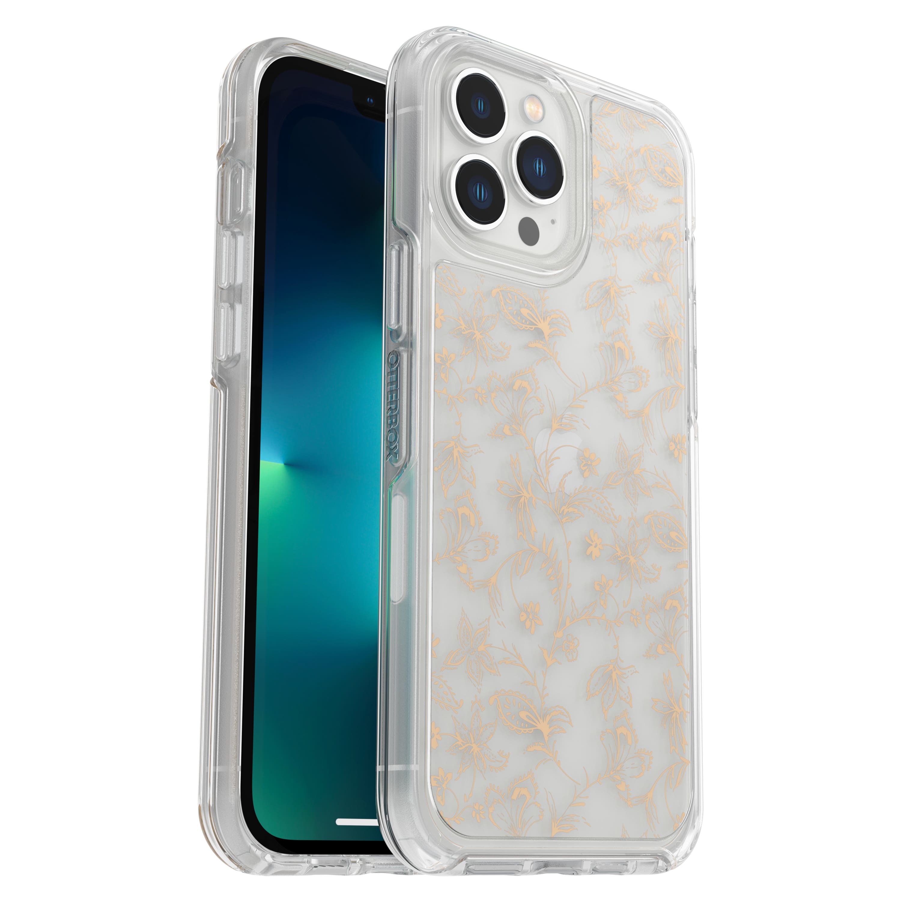 Front. OtterBox - Symmetry Antimicrobial Clear Case for Apple iPhone 13 Pro Max / 12 Pro Max - Wallflower.