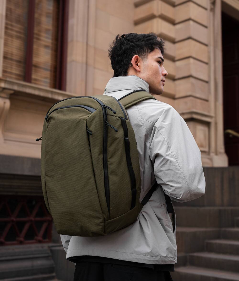 Alt View 10. ALPAKA - Traverse 30L Travel Laptop Backpack for 16-Inch Laptops, Clamshell Opening, Luggage Pass-Through and Bottle Pocket - Green Axoflux 400D Ripstop Nylon.