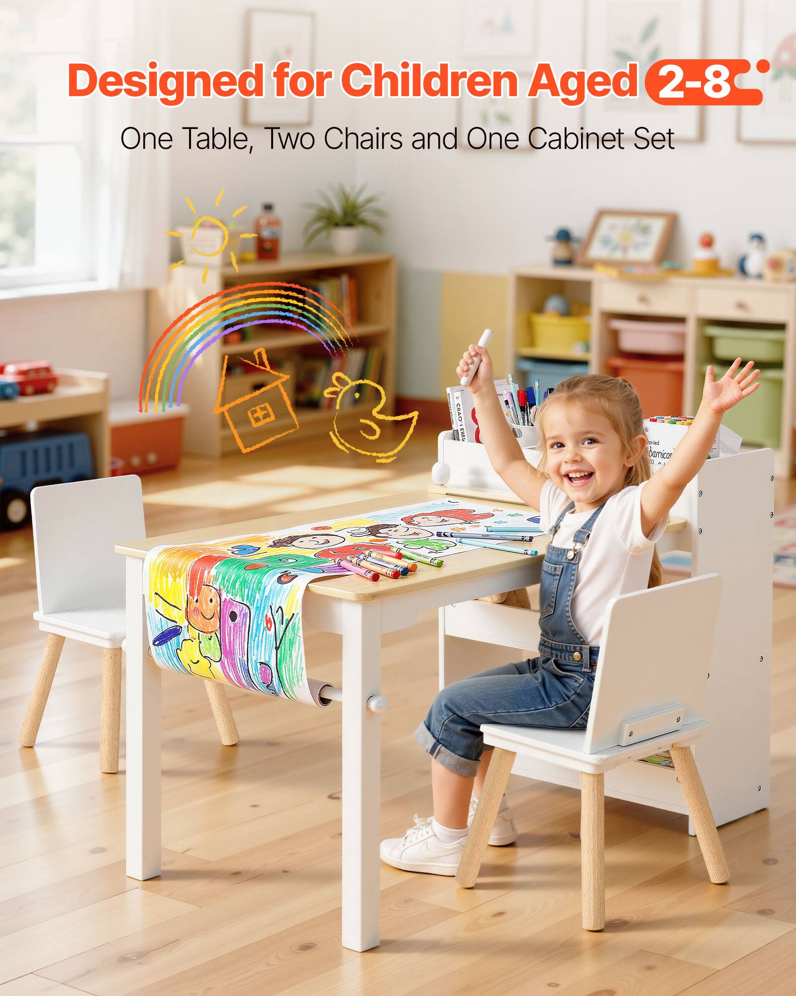 Designed for Children Aged 2-8  
One Table, Two Chairs and One Cabinet Set