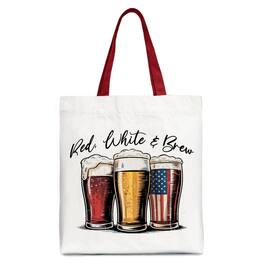 OrnamentallyYou - Red White and Brew Beer American Tote Bag, Patriotic USA 4th of July Gift Shopper - White Red