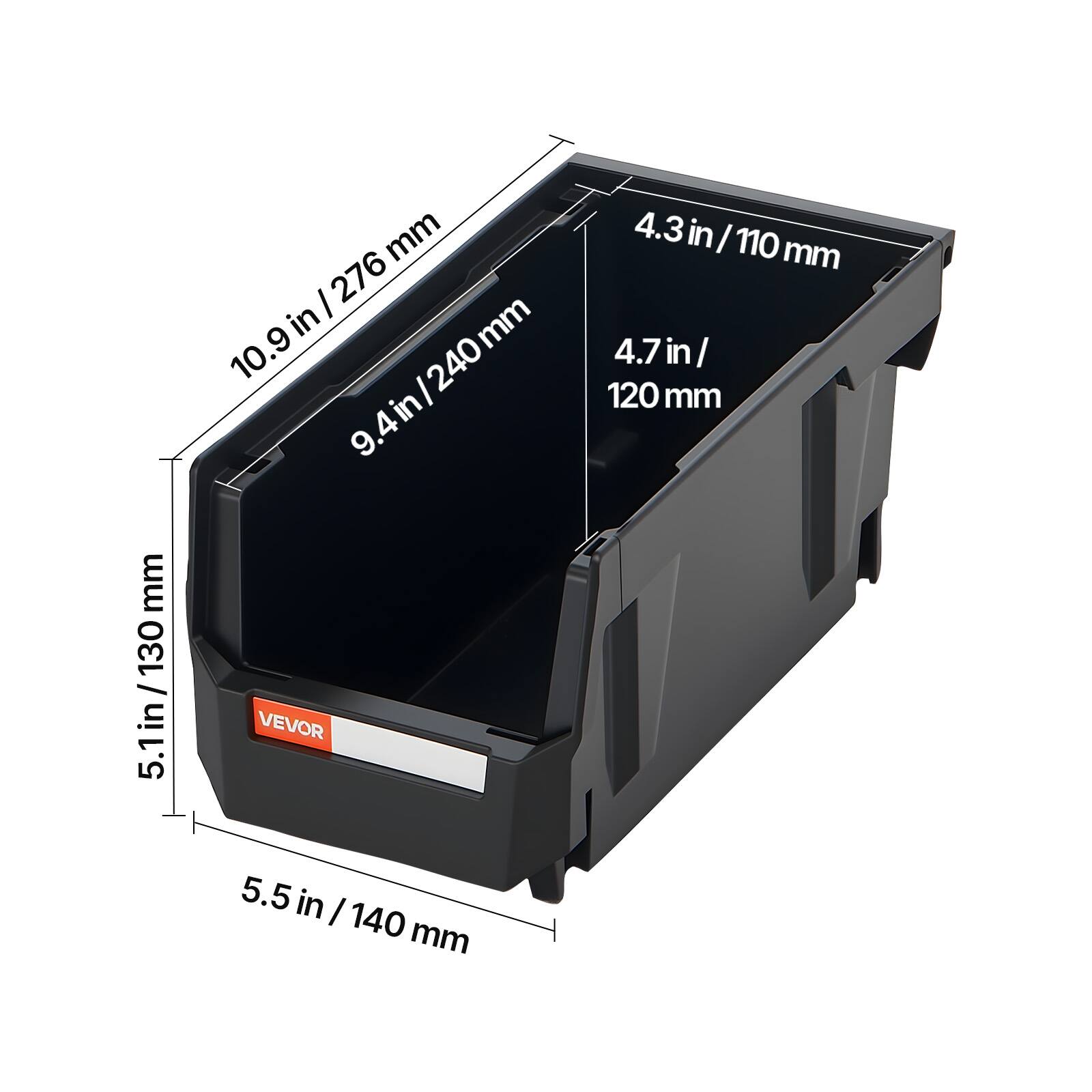 Sure, here is the corrected and grouped text from the image:

- 5.1 in / 130 mm
- 4.3 in / 110 mm
- 4.7 in / 120 mm
- 9.4 in / 240 mm
- 10.9 in / 276 mm
- 5.5 in / 140 mm