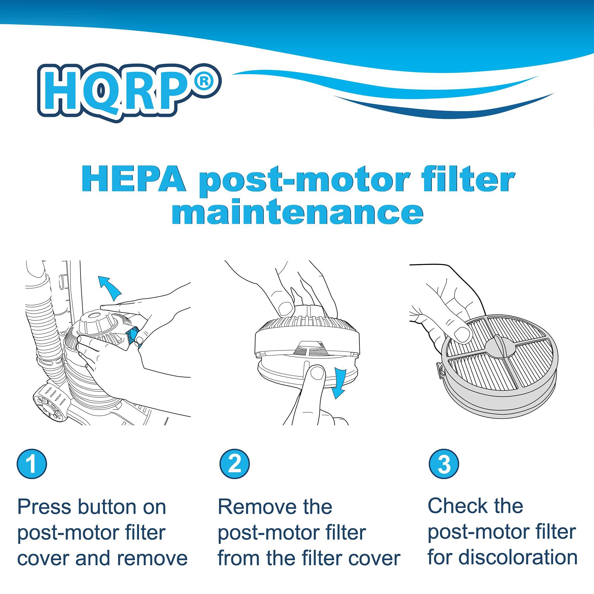 HQRP HPA post-motor filter maintenance

1. Press button on post-motor filter cover and remove
2. Remove the post-motor filter from the filter cover
3. Check the post-motor filter for discoloration