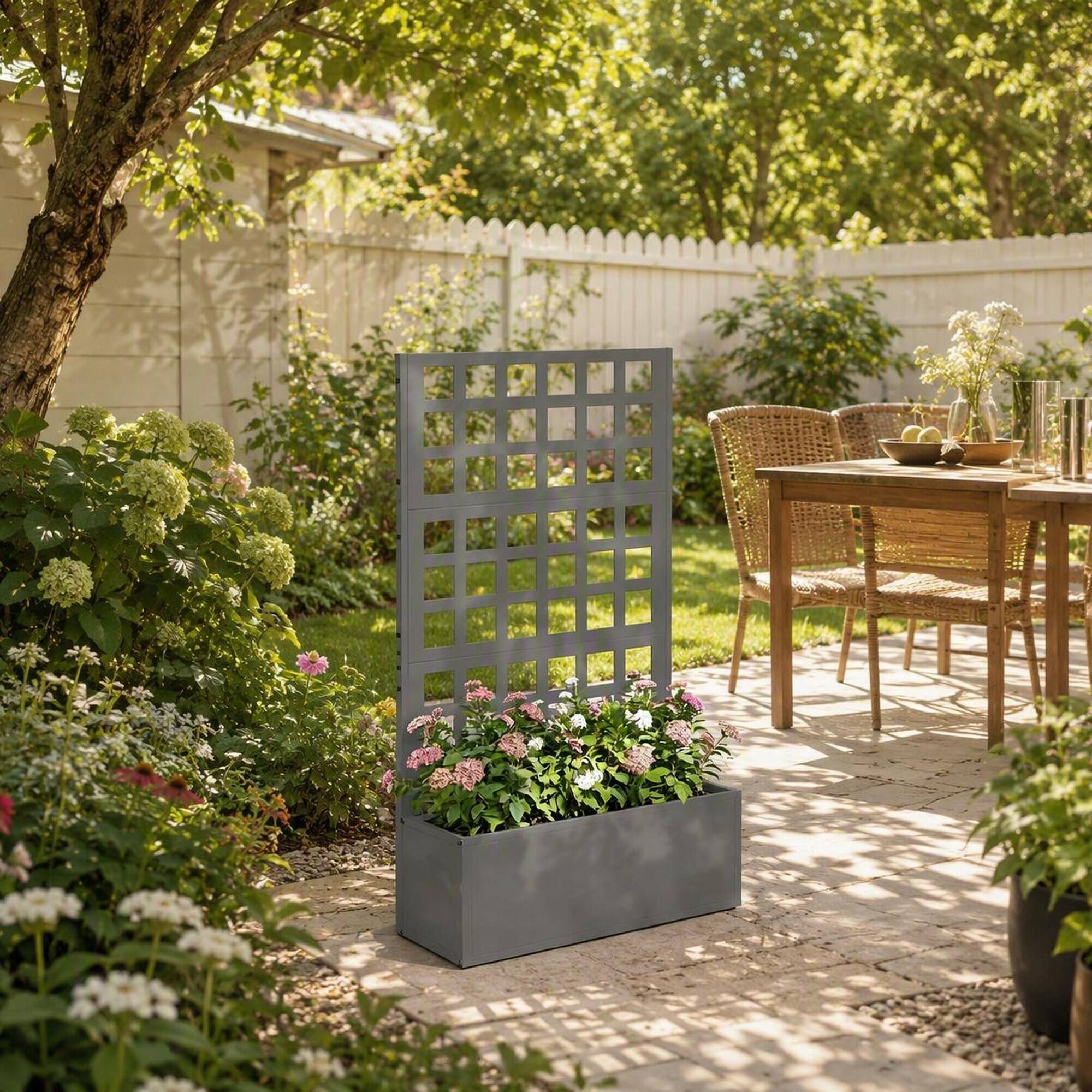 Alt View 2. RYHNUYNE - Galvanized Steel Raised Garden Bed with Trellis for Climbing Plants, Gray Planter Box 24x9x44.5 Inches Outdoor - Gray.
