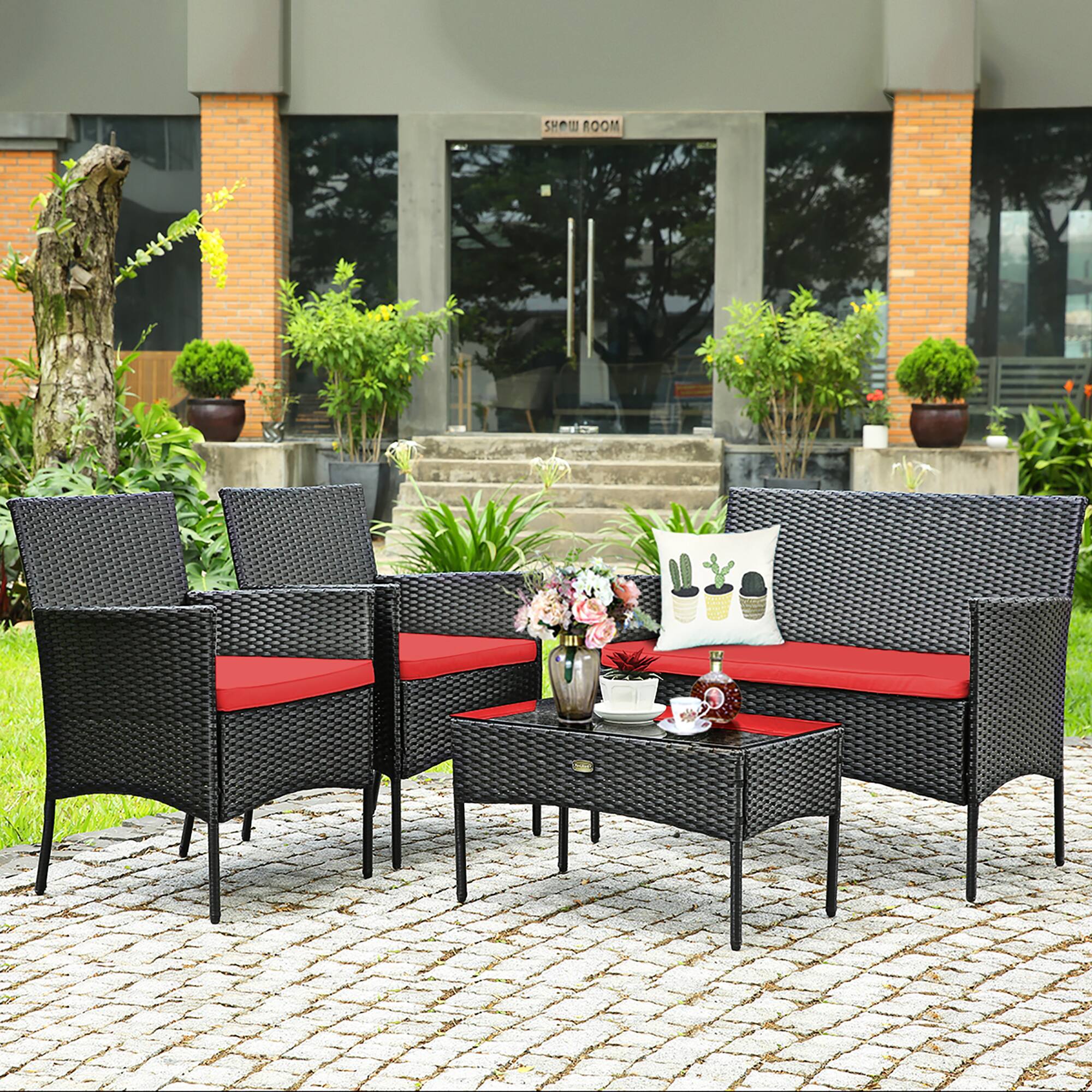 Alt View 4. Costway - Costway 4PCS Patio Rattan Furniture Set Cushioned Sofa Coffee Table Backyard Porch - Red.