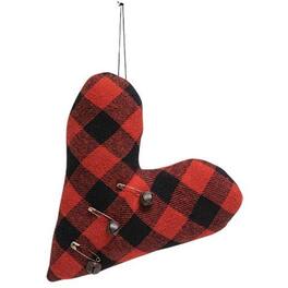 BreeBe - *Felt Red & Black Plaid Heart Pillow Ornament w/Rusty Jingle Bells - Red, Black