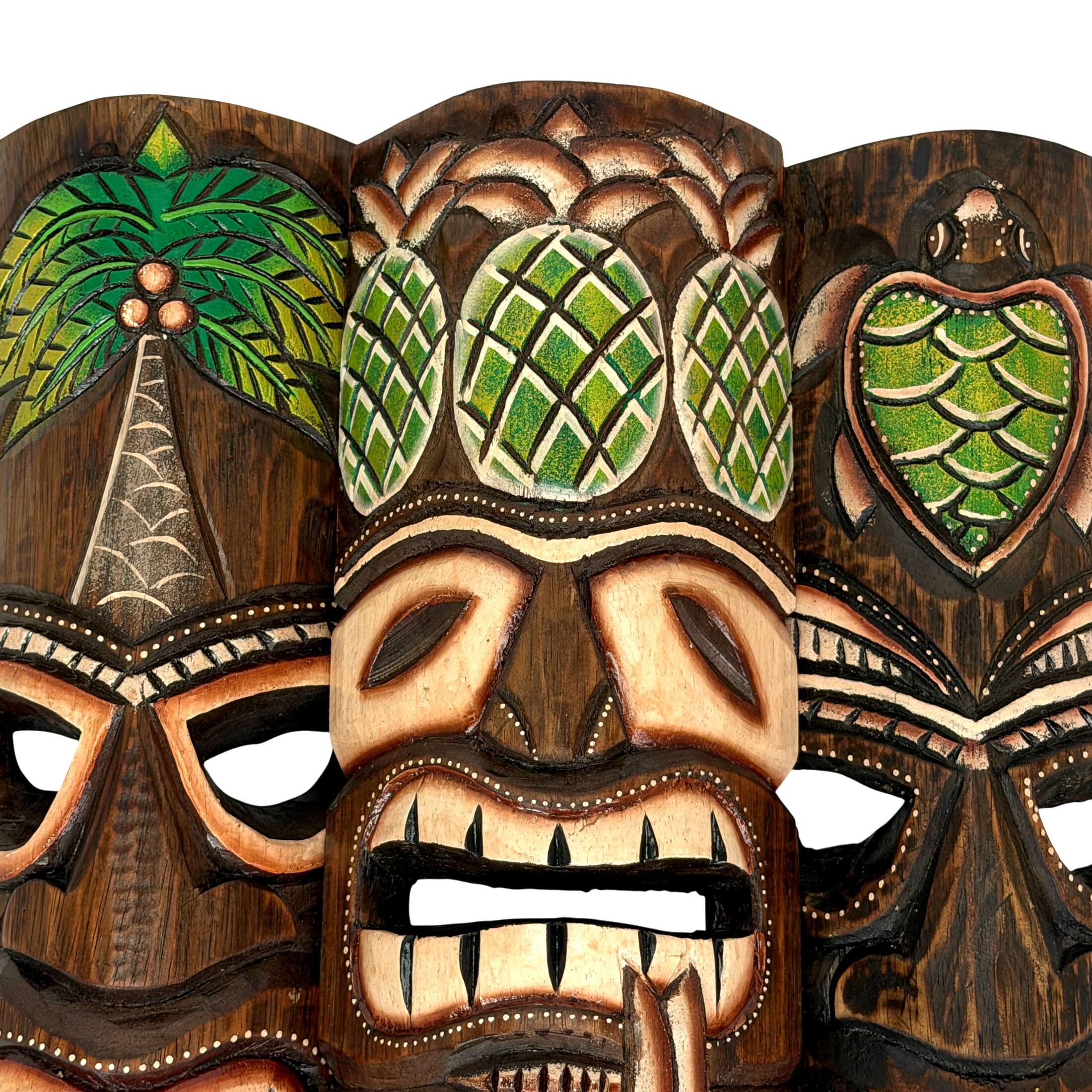 Alt View 9. Zeckos - Hand Carved Wood Tiki Mask Set of 3 Palm Tree Pineapple Turtle 19in Wall Decor - Green.
