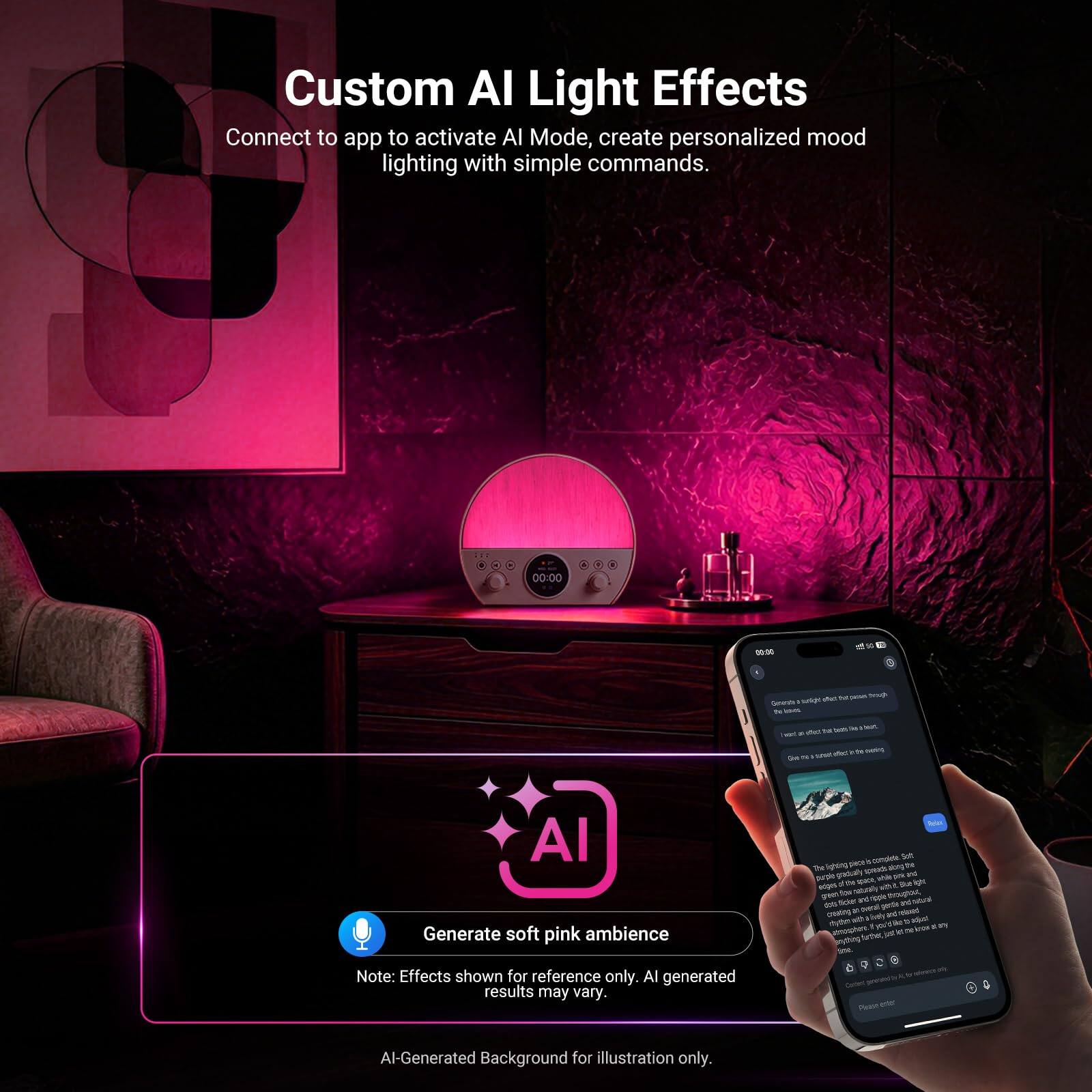 Custom AI Light Effects  
Connect to app to activate AI Mode, create personalized mood lighting with simple commands.  

Generate soft pink ambience  

Note: Effects shown for reference only. AI generated results may vary.  

AI-Generated Background for illustration only.