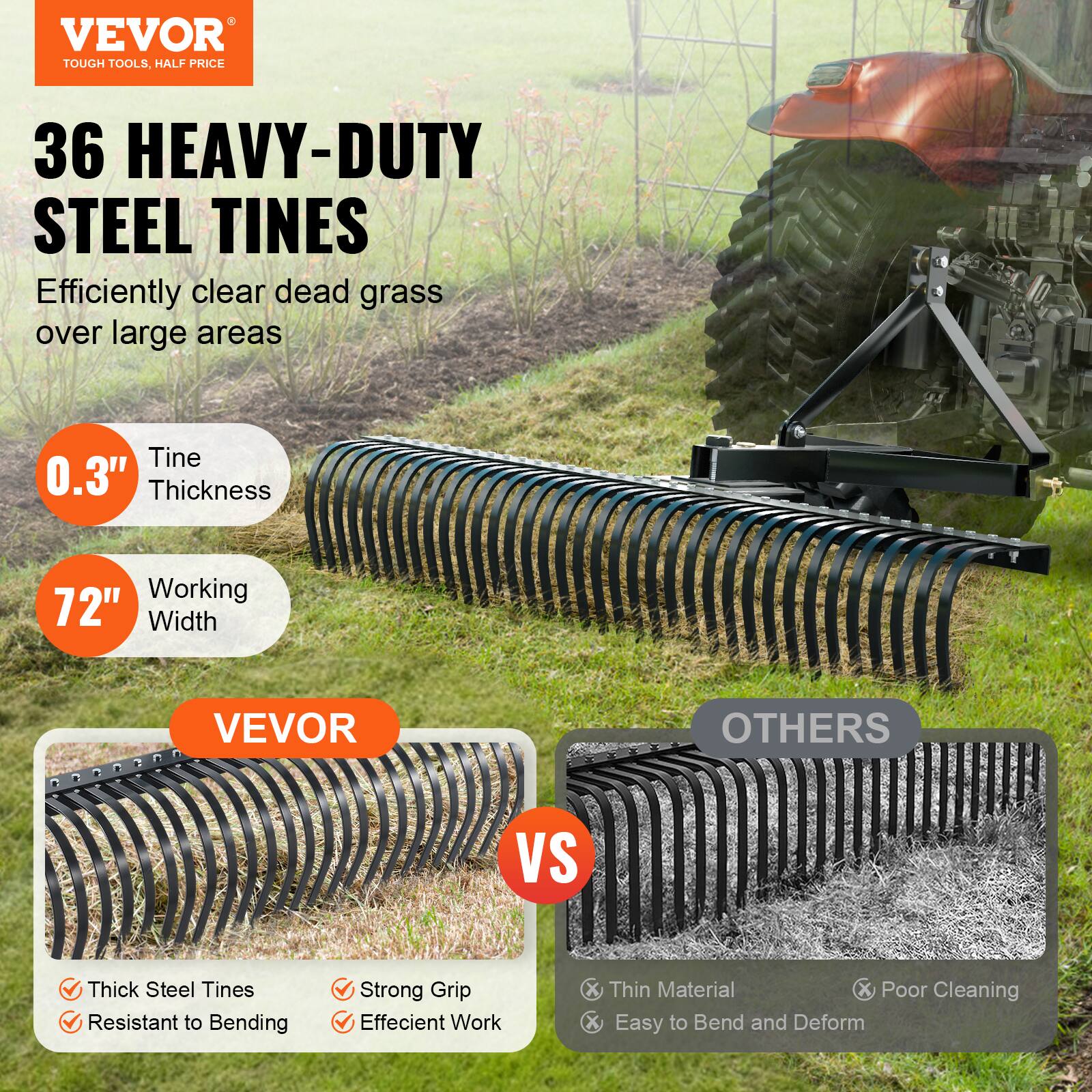 VEVOR TOUGH TOOLS. HALF PRICE 36 HEAVY-DUTY STEEL TINES Efficiently clear dead grass over large areas Tine 0.3" Thickness Working 72" Width VEVOR OTHERS VS Thick Steel Tines Resistant to Bending Strong Grip Effecient Work X Thin Material X Poor Cleaning X Easy to Bend and Deform