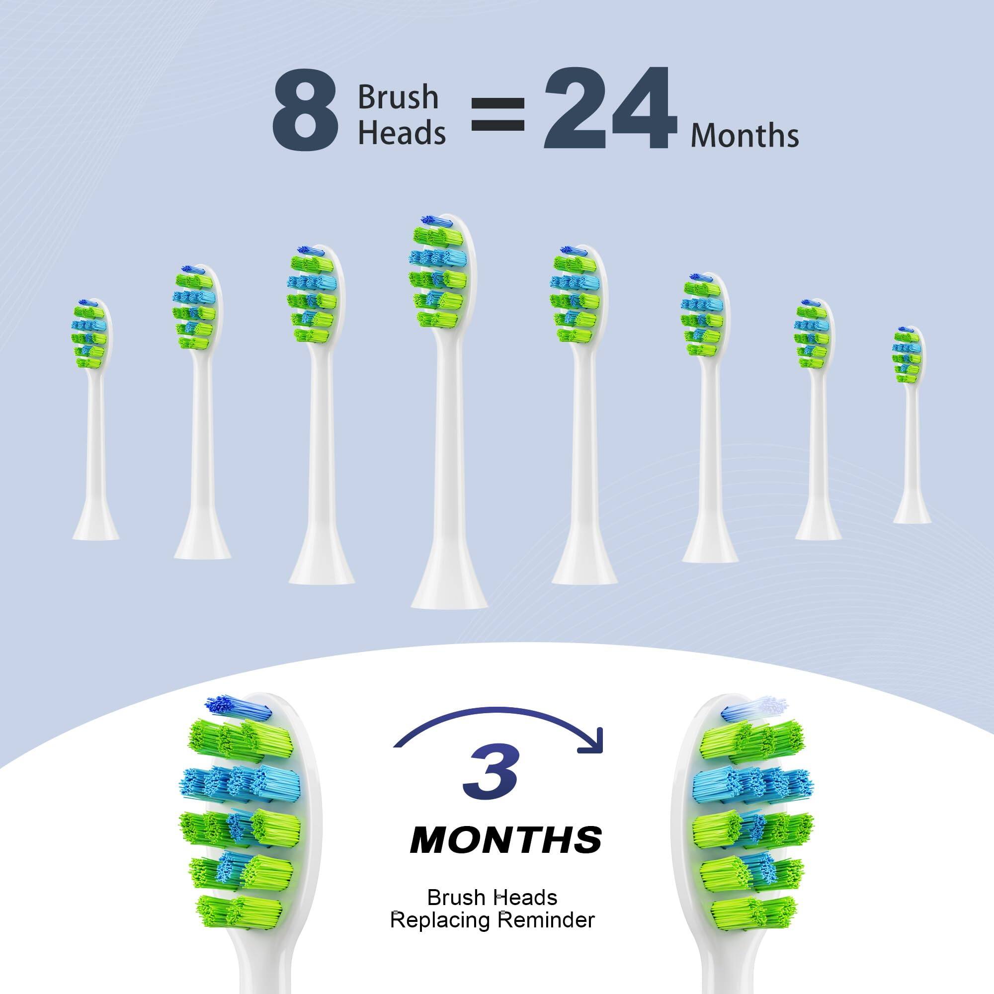 8 Brush Heads = 24 Months

3 MONTHS
Brush Heads Replacing Reminder
