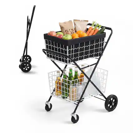 Front. VEVOR - Shopping Cart 2-Tier with Wheels Foldable for Grocery 88lbs Capacity, Heavy Duty Utility Cart with 2 Detachable Storage - Black;White.