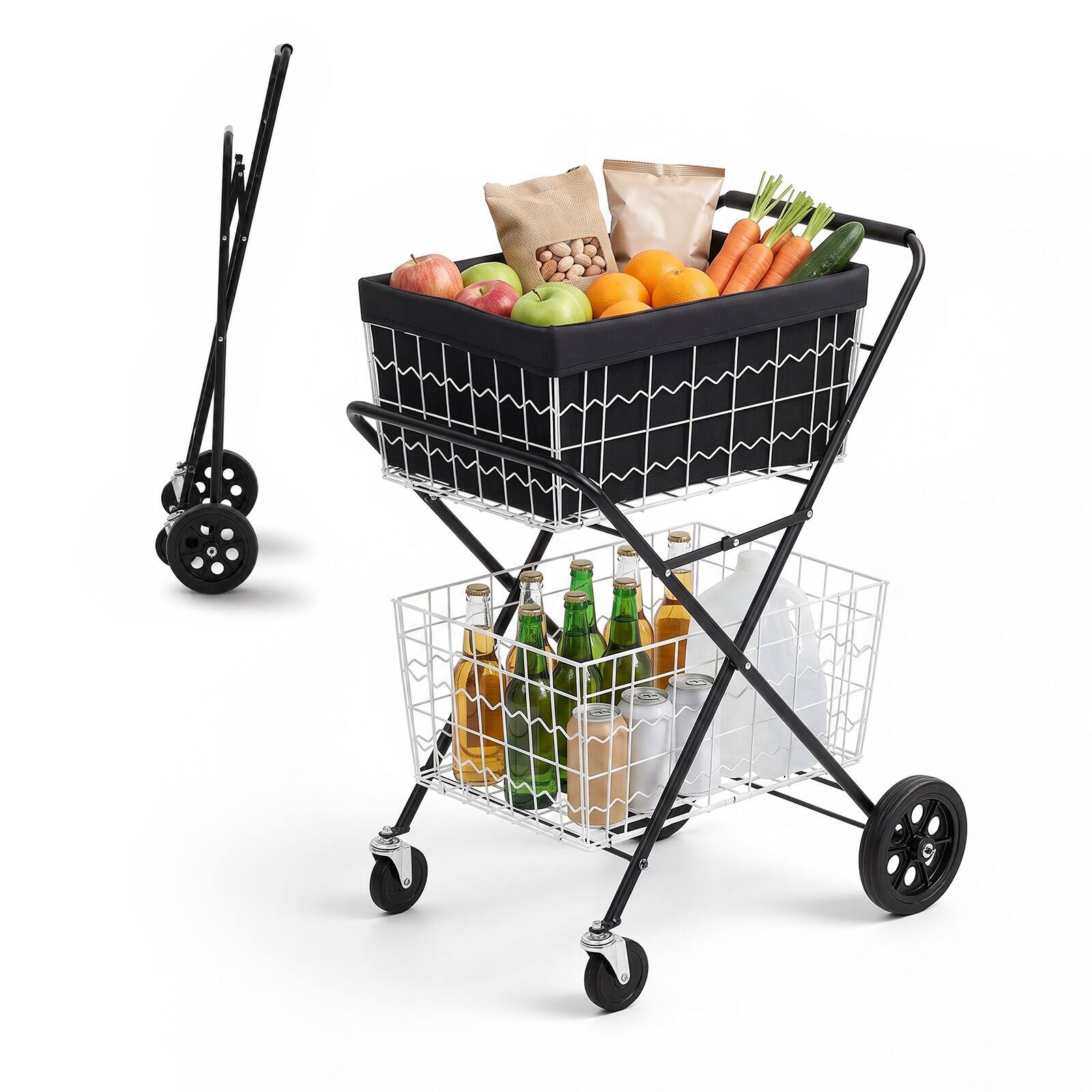 Front. VEVOR - Shopping Cart 2-Tier with Wheels Foldable for Grocery 88lbs Capacity, Heavy Duty Utility Cart with 2 Detachable Storage - Black;White.