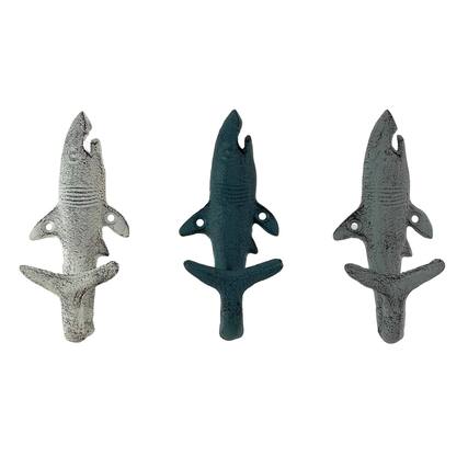 Front. Zeckos - Set of 3 Shark Wall Hooks in Blue, Gray, White – Perfect for Nautical Themes - Multicolored.