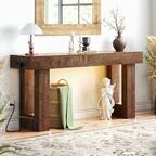 Front. Aheaplus - 63'' Console Table with Power Outlets and Sensor Lights for Living Room, Entryway, Hallway - Dark Brown.