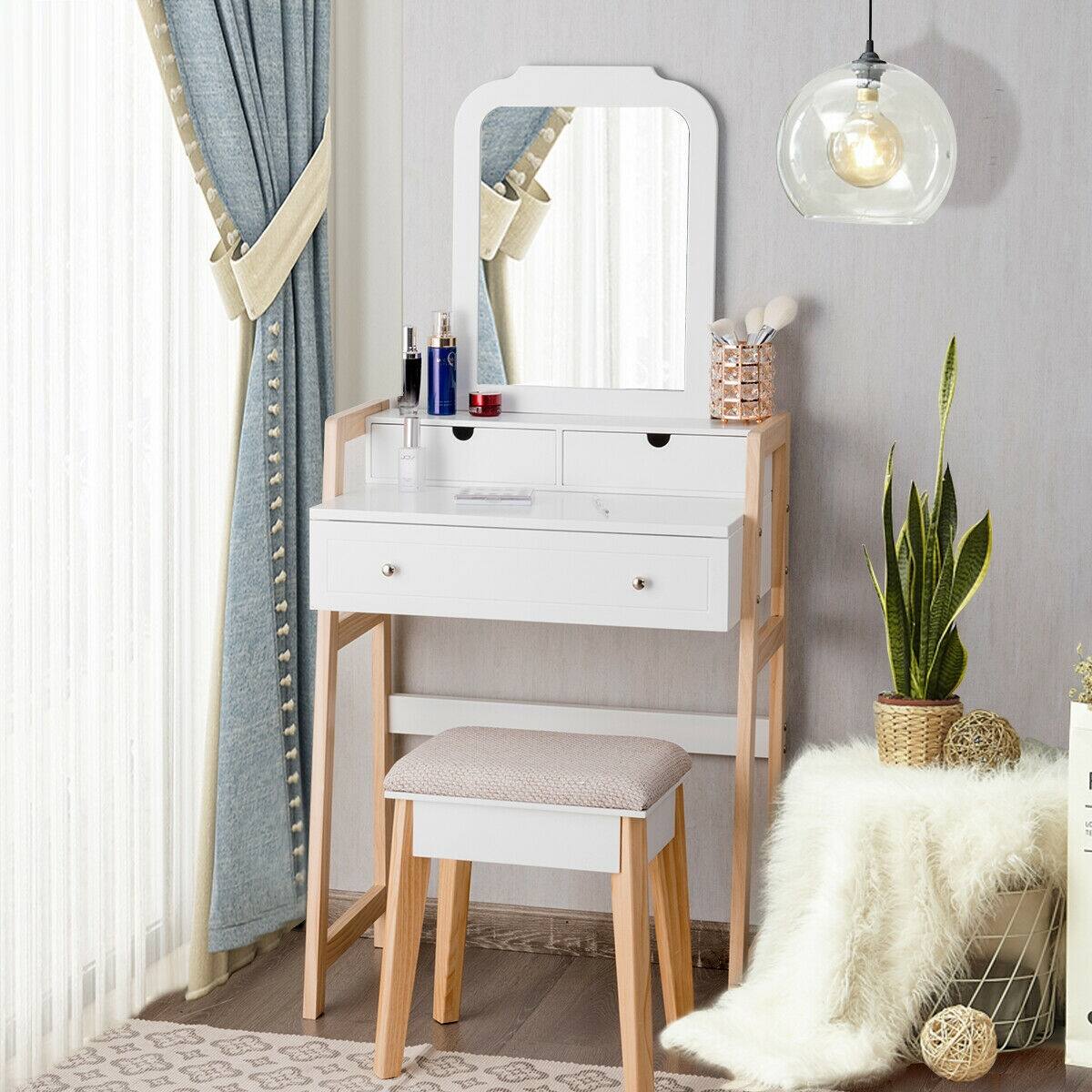 Alt View 5. Ecooso - Vanity Table Set with Large Mirror, Wide Top and Soft Stool for Bedroom Organization - White and Natural.