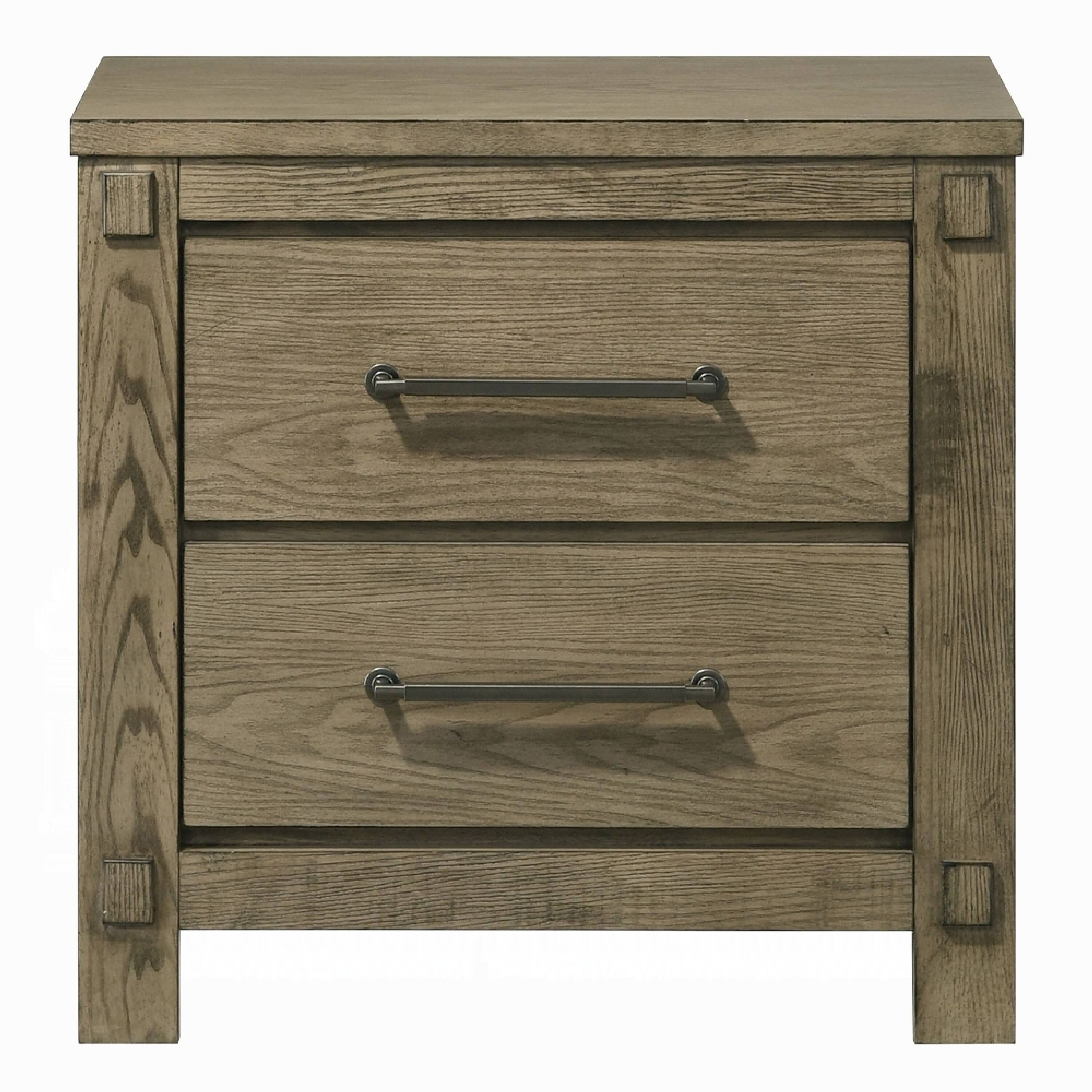 Angle. Manhattan Lane - Cera Nightstand, 2 Drawers Handles, Tone Wood - Antique White Oak, Bronze.