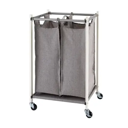 Front. TRINITY - BASICS 2-Bag White Laundry Cart Champagne Poles - Champagne.