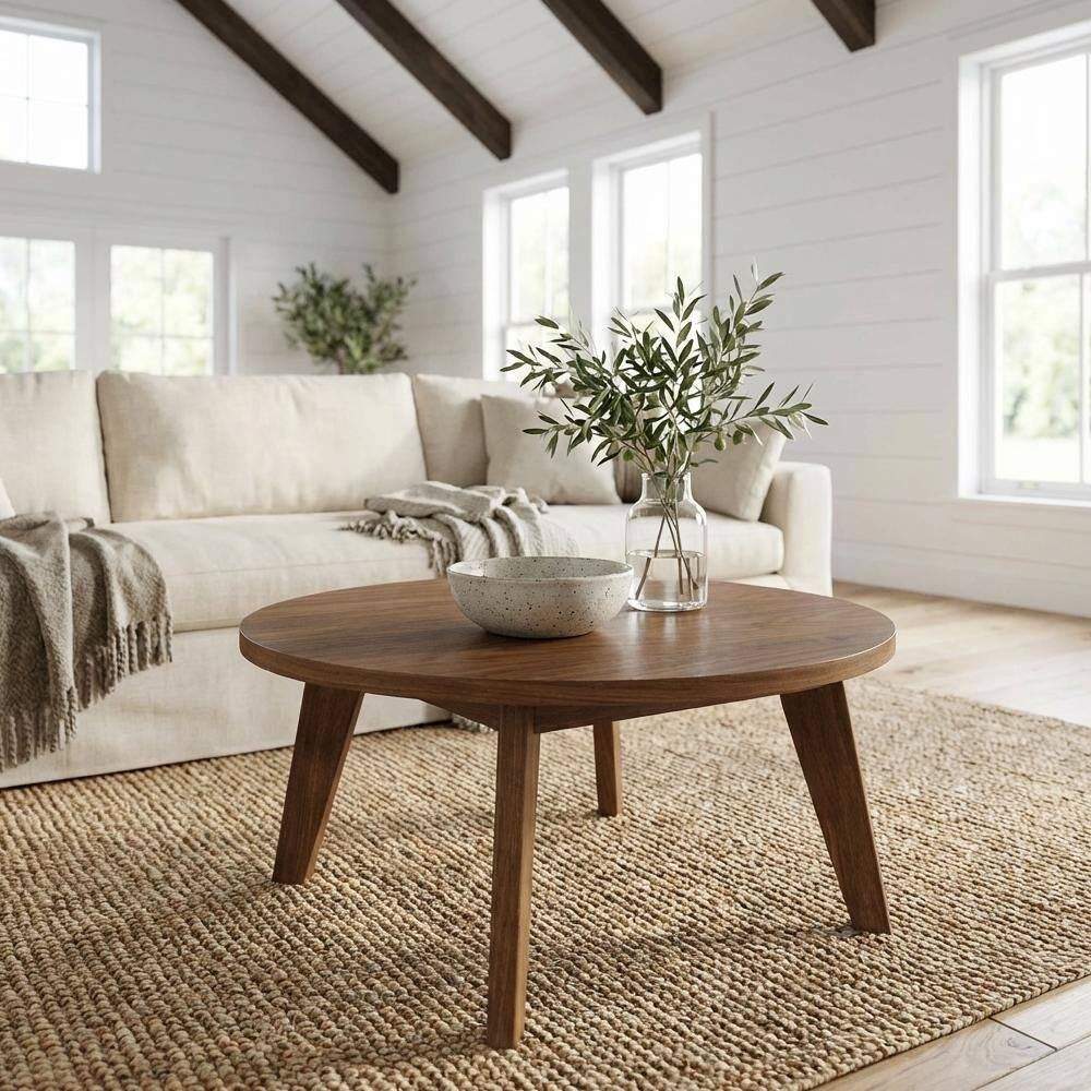 Back. FurniFact - Walnut Round Coffee Table with Solid American Gum Top and Durable Base - Walnut.