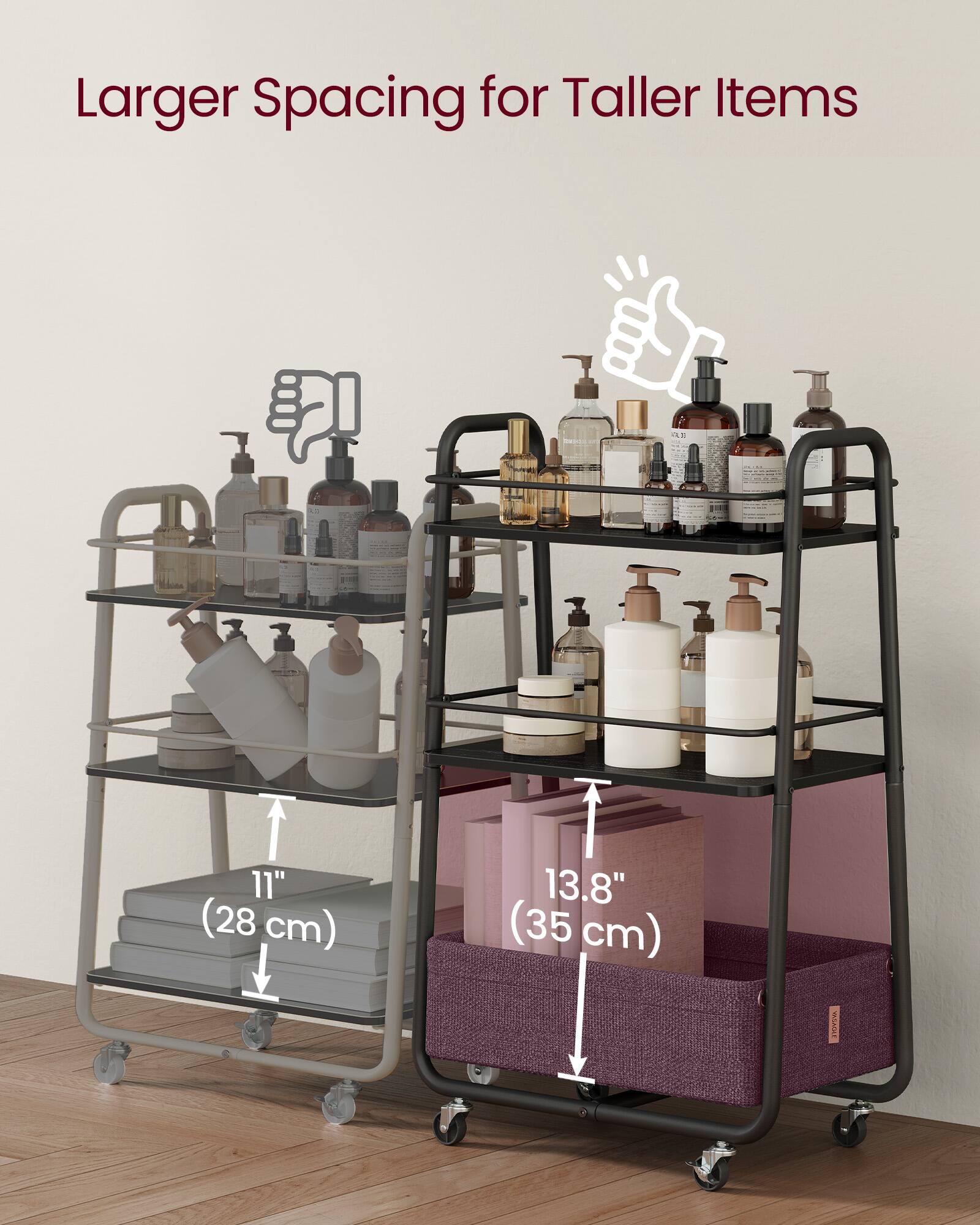 Larger Spacing for Taller Items

11" (28 cm)  
13.8" (35 cm)
