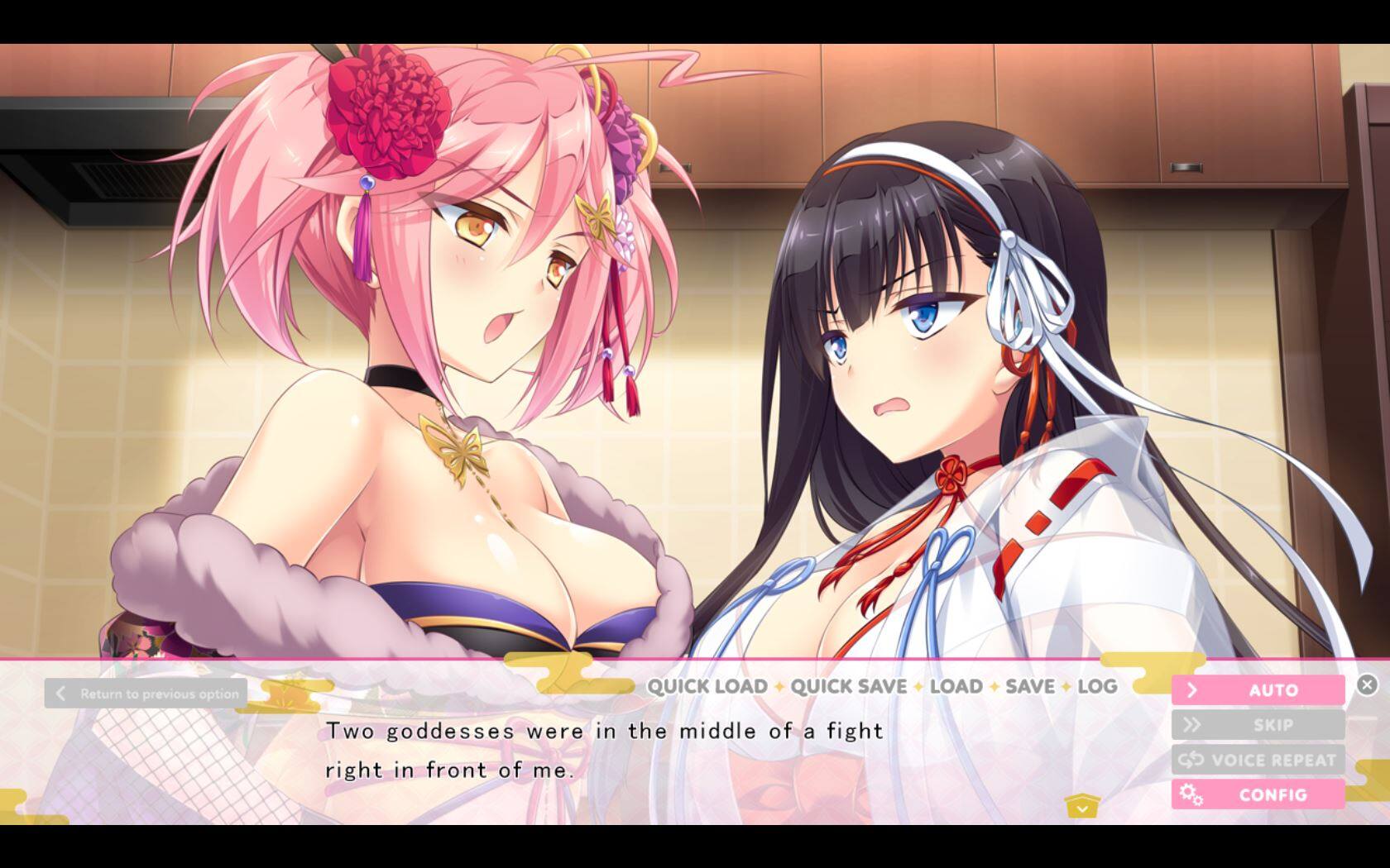 Return to previous option

QUICK LOAD + QUICK SAVE LOAD SAVE LOG AUTO

Two goddesses were in the middle of a fight right in front of me.

SKIP VOICE REPEAT CONFIG