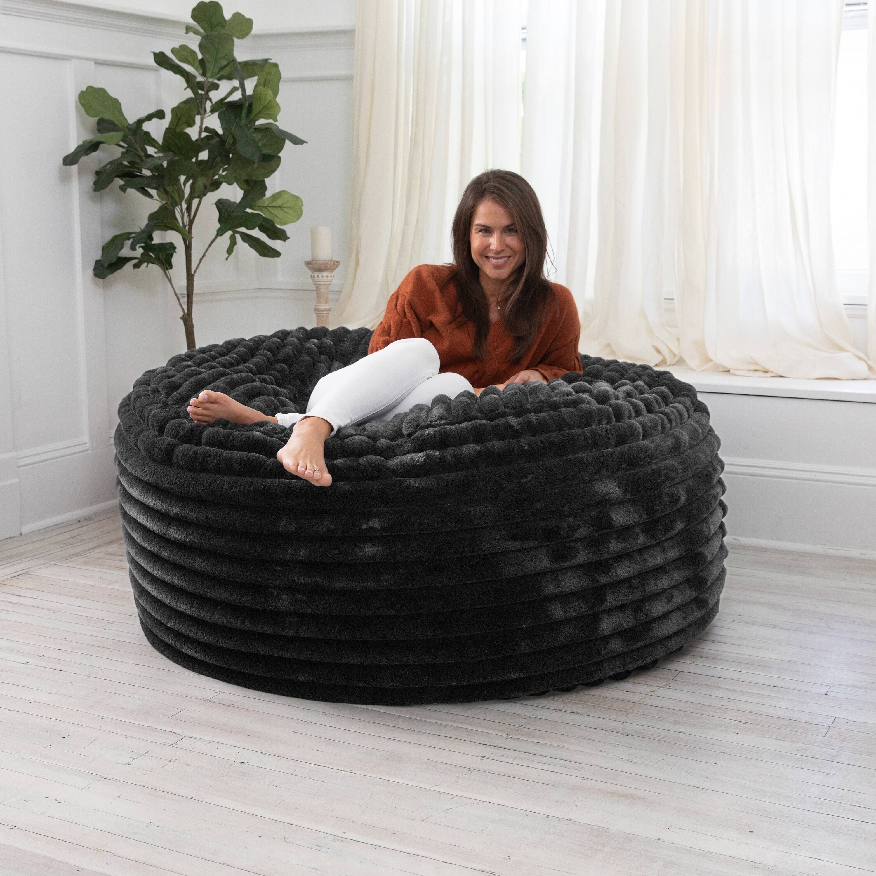 Angle. Jaxx - Jaxx 5 Foot Saxx Bean Bag Chair for Adults - Luxe Faux Fur, Mondo Black - Mondo Black.