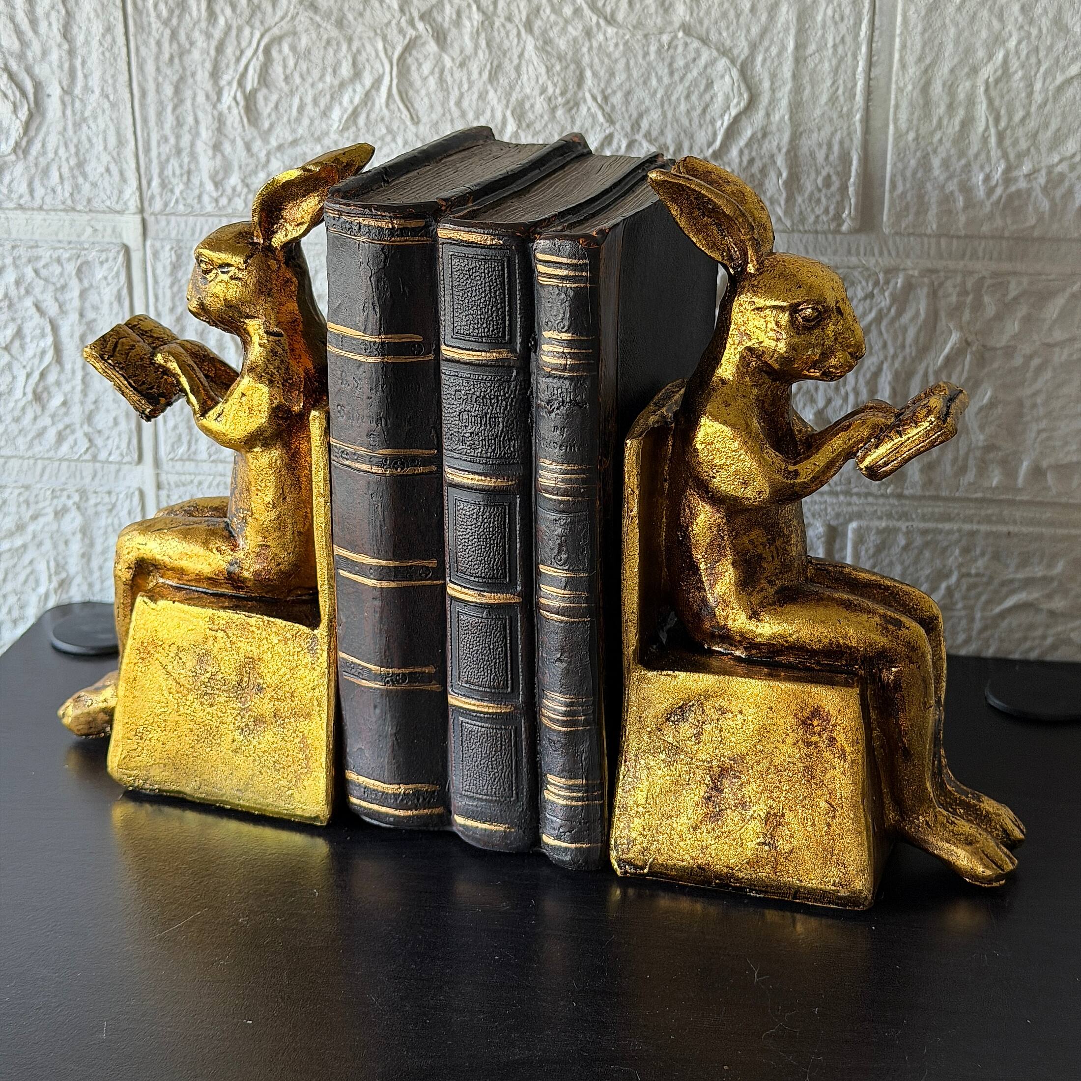 Alt View 3. Things2Die4 - Antique Gold Rabbit Bookends Set of 2 Resin Bookworm Decor 6.75 Inch - Gold.