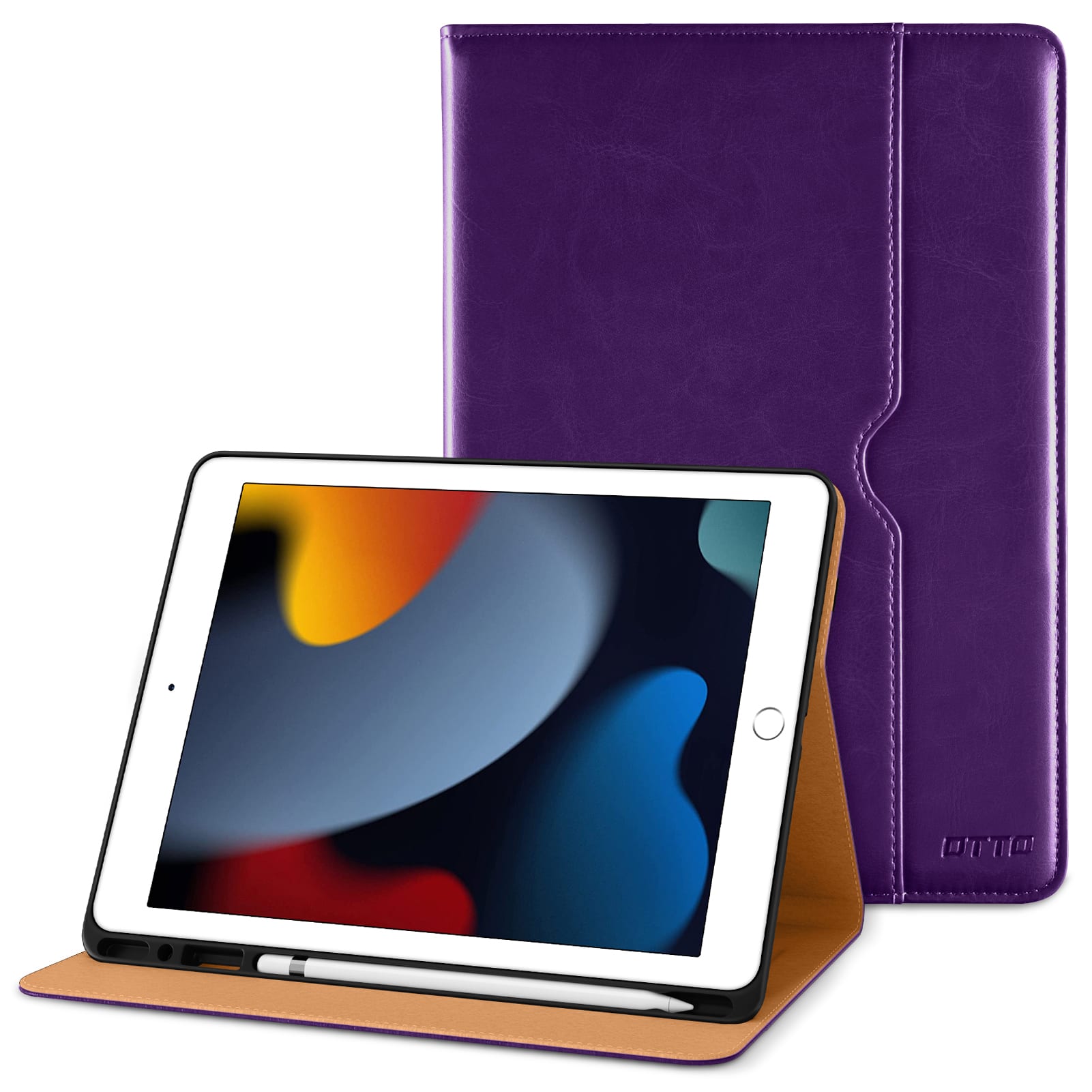 Front. DTTO - ​Case for iPad 9th/8th/7th Generation 10.2 Inch 2021/2020/2019, Premium Leather Folio Stand - Auto Wake/Sleep - Dark Purple.