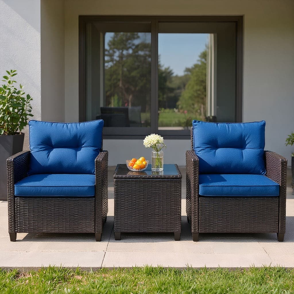 Kadyn - 3 Pcs Patio Rattan Furniture Set , Wicker Furniture Sets, Patio Conversation Sets, Cushioned Conversation Set - Blue