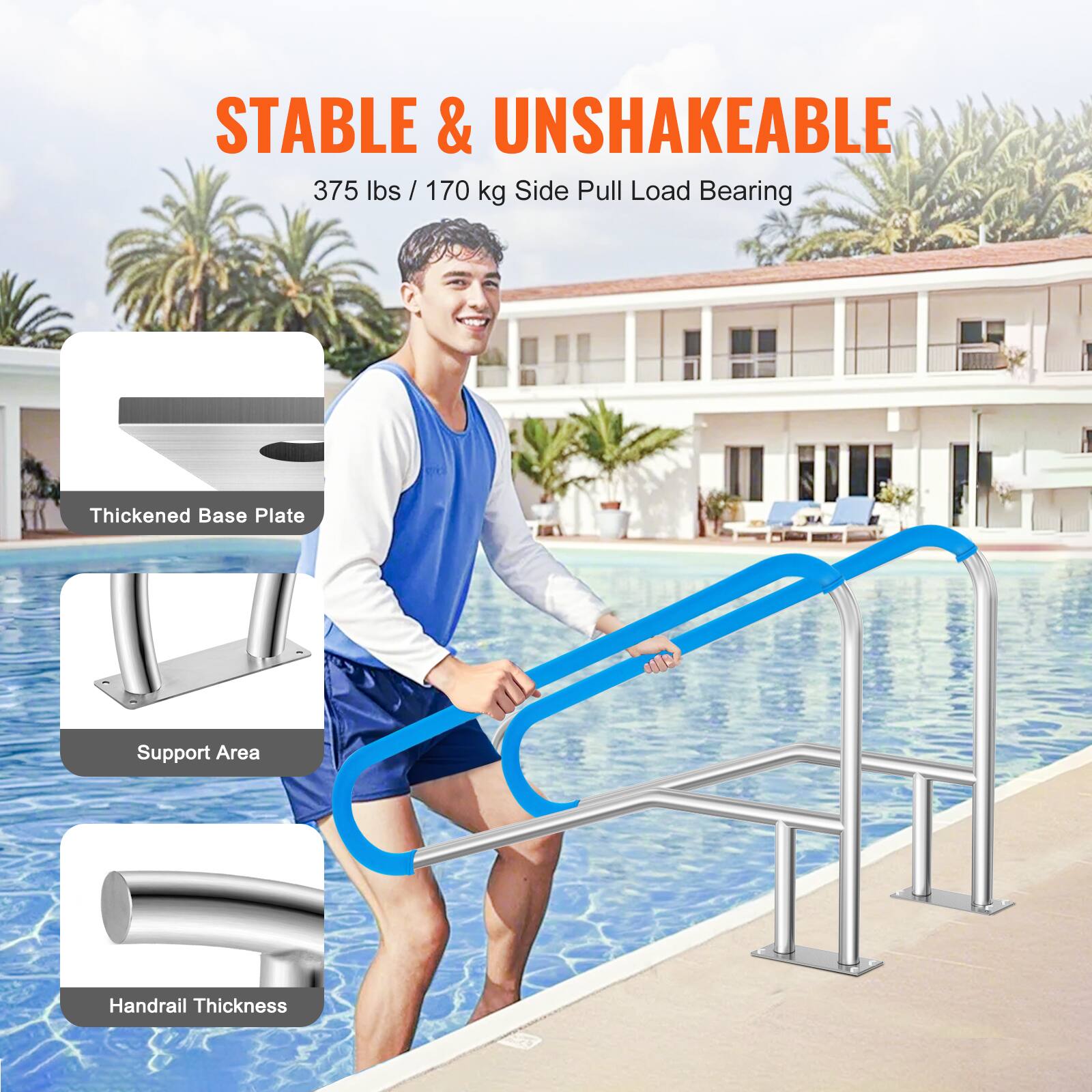 STABLE & UNSHAKEABLE  
375 lbs / 170 kg Side Pull Load Bearing  

Thickened Base Plate  
Support Area  
Handrail Thickness