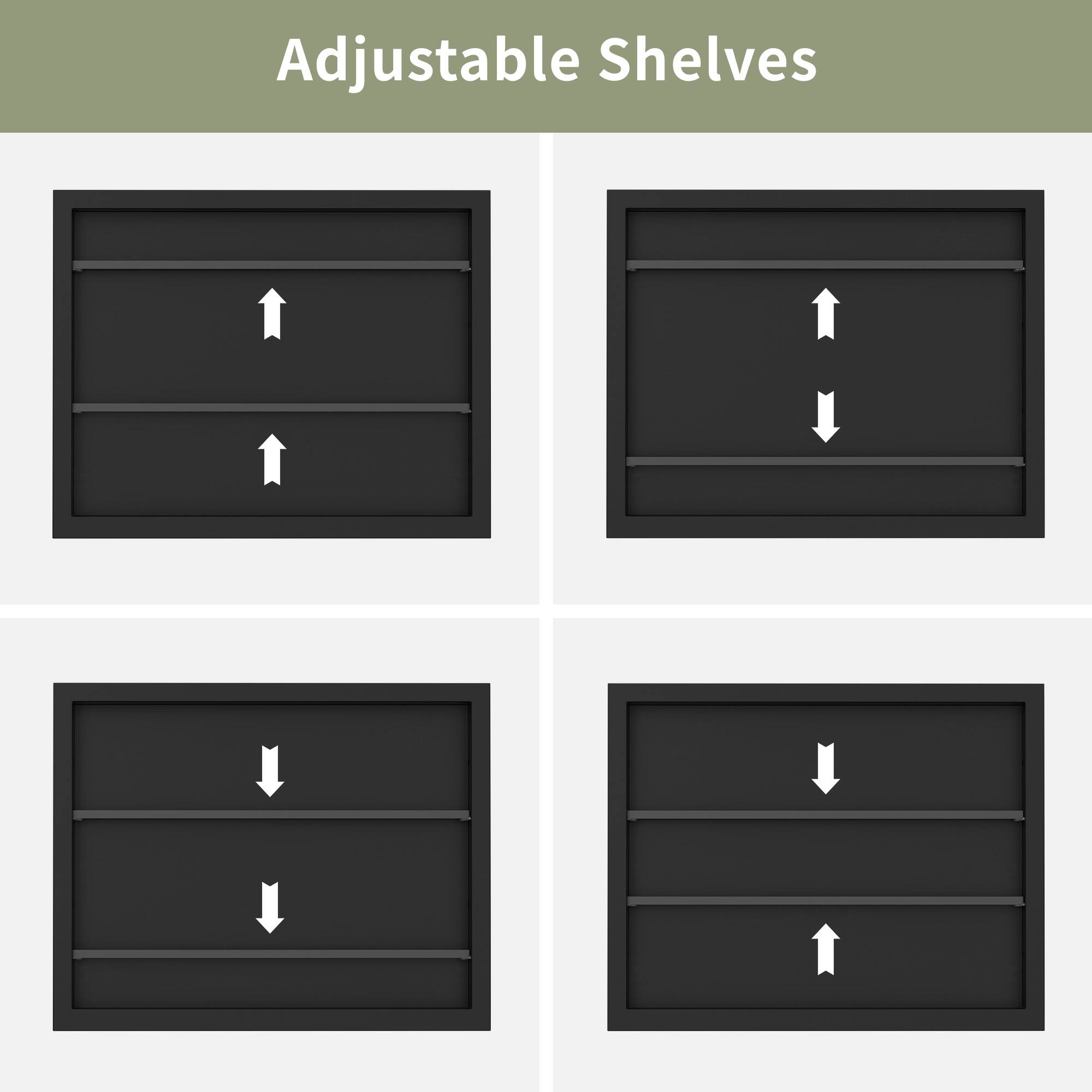 Adjustable Shelves

- Upward arrows indicating shelves can be raised.
- Downward arrows indicating shelves can be lowered.