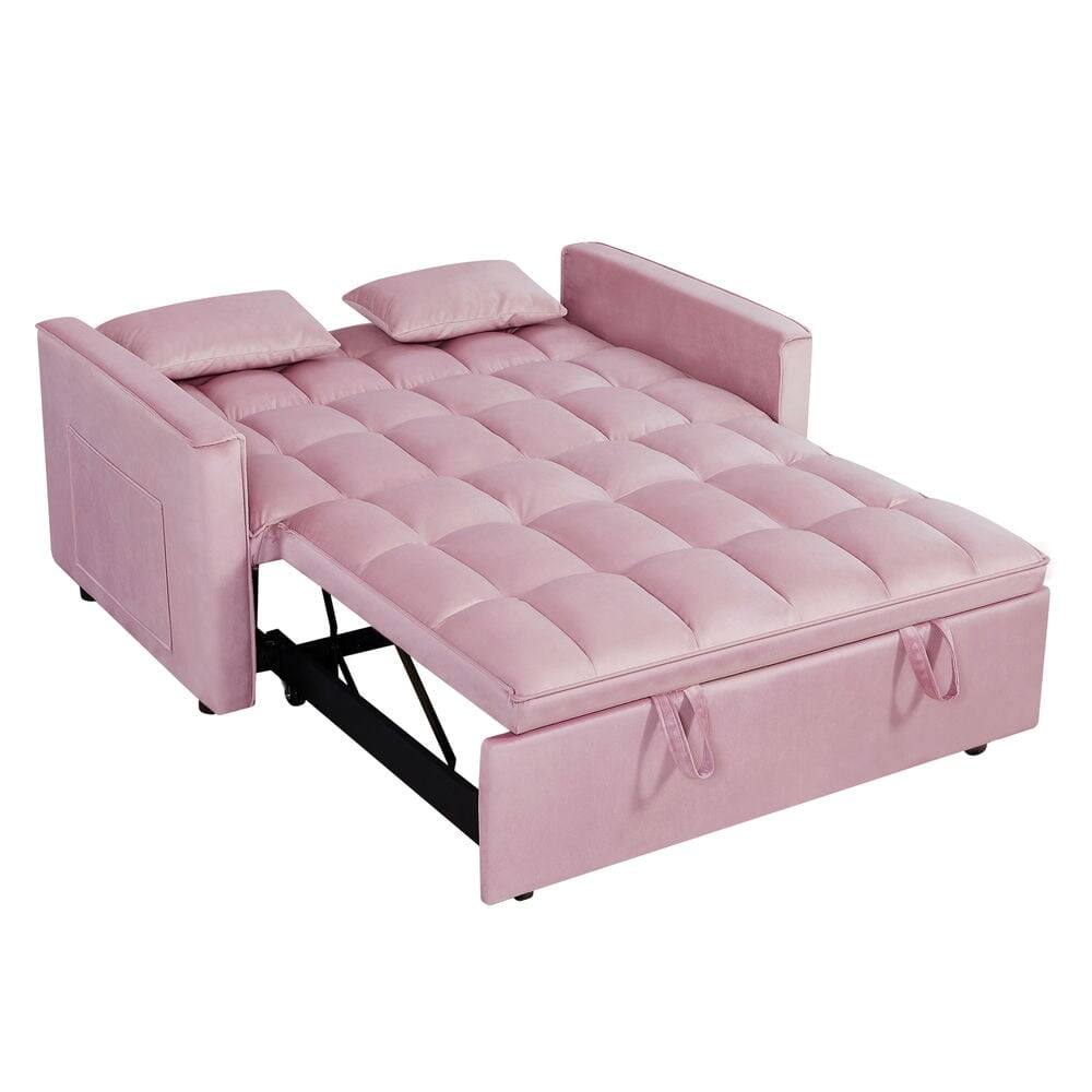 Angle. Kadyn - 54 Inch Adjustable Backrest Sofa, Sofa Bed, Futon Sofa with Double Armrest and Pouch for Living Room - Pink.
