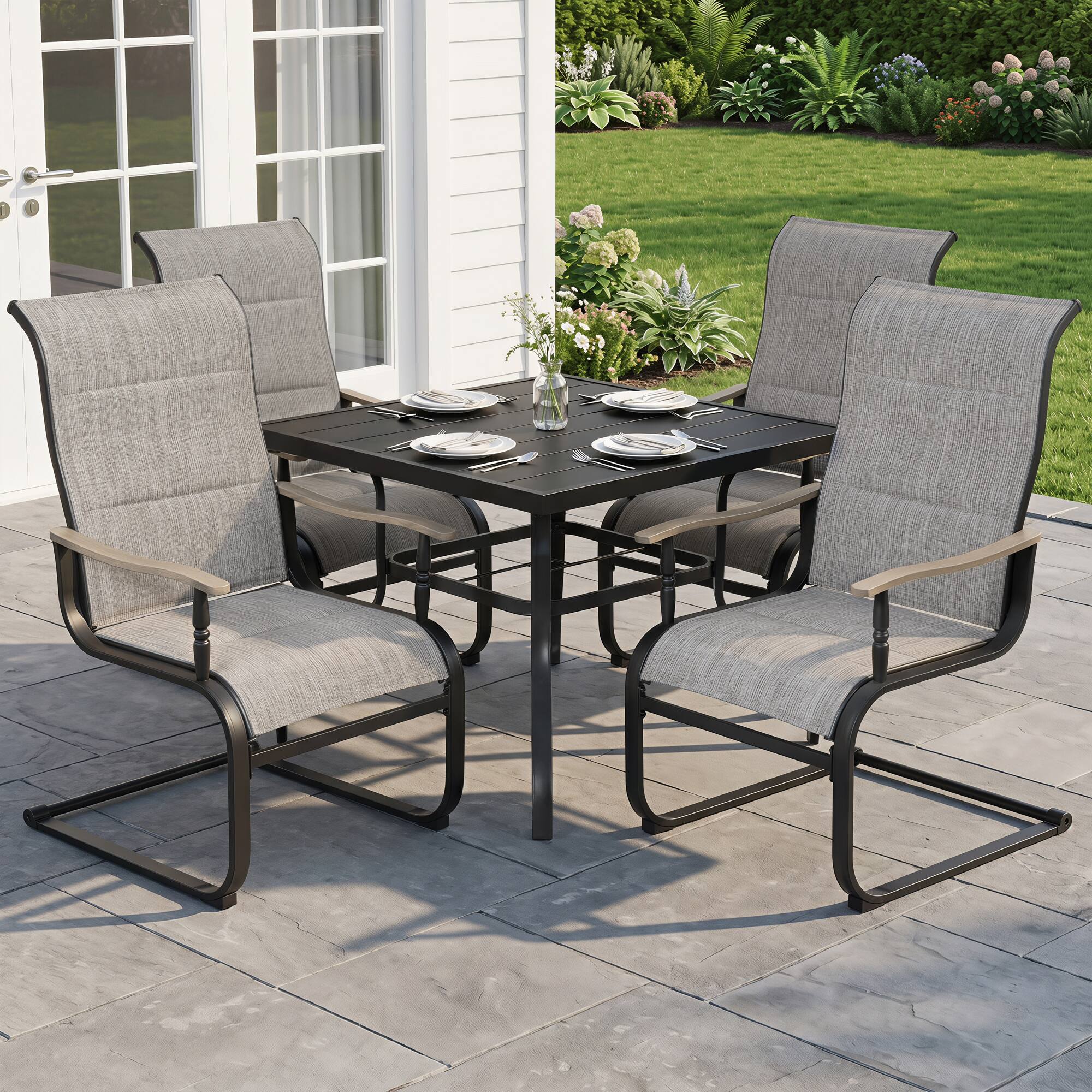 Angle. Nuu Garden - 5-Piece Patio Dining Set with Umbrella Hole, Breathable Textilene Fabric - Brown and Black.