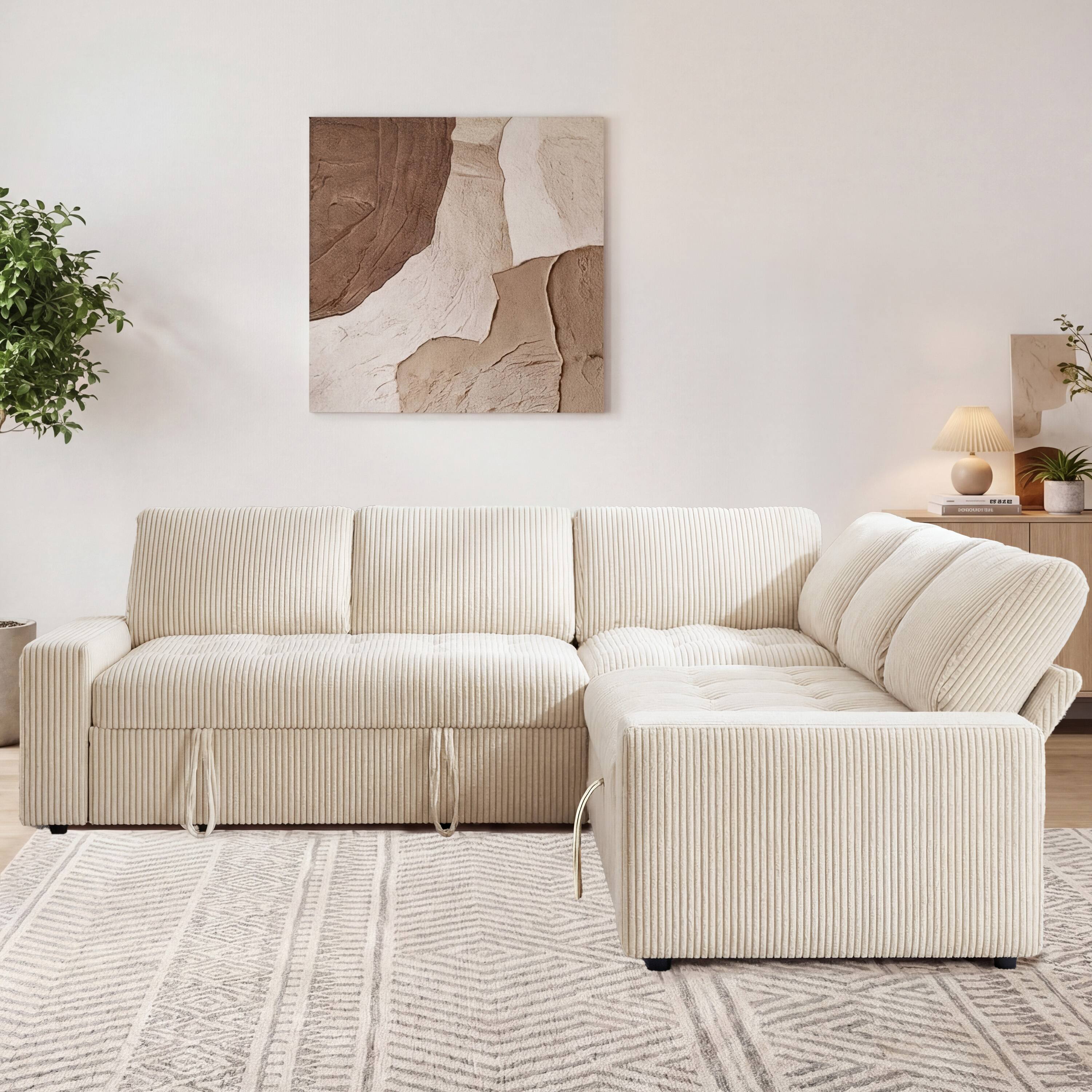 Back. Dyonery - 80 Inch L-Shaped Modular Sectional Sofa,Beige Corduroy Convertible Couch with Pull Out Sofa Bed,Adjustable Backrest - Beige.