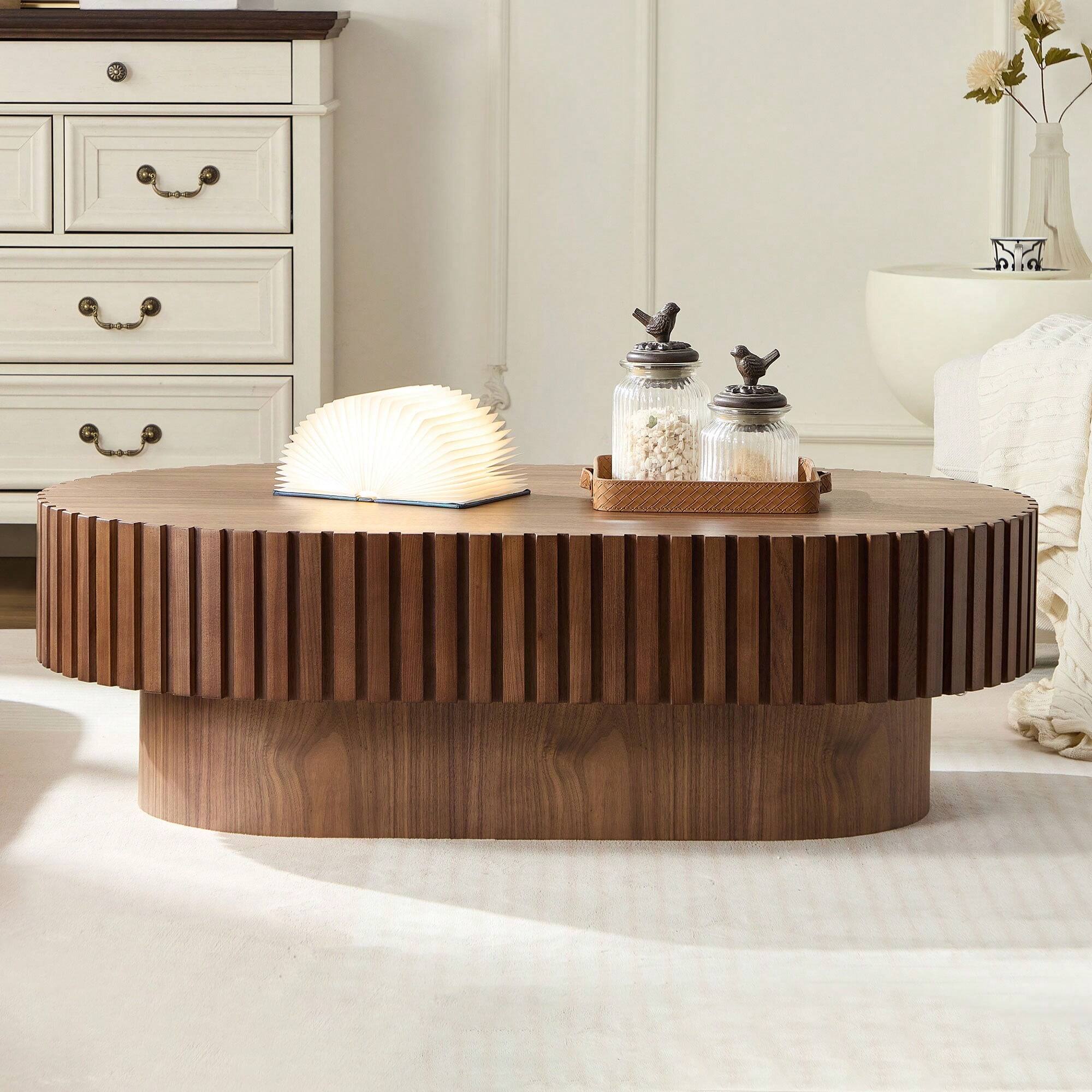 Angle. Trinkets Crazed - Round Fluted Coffee Table, Mid Century Modern Irregular Large 43.7 Inch Wood Drum Design - Walnut.