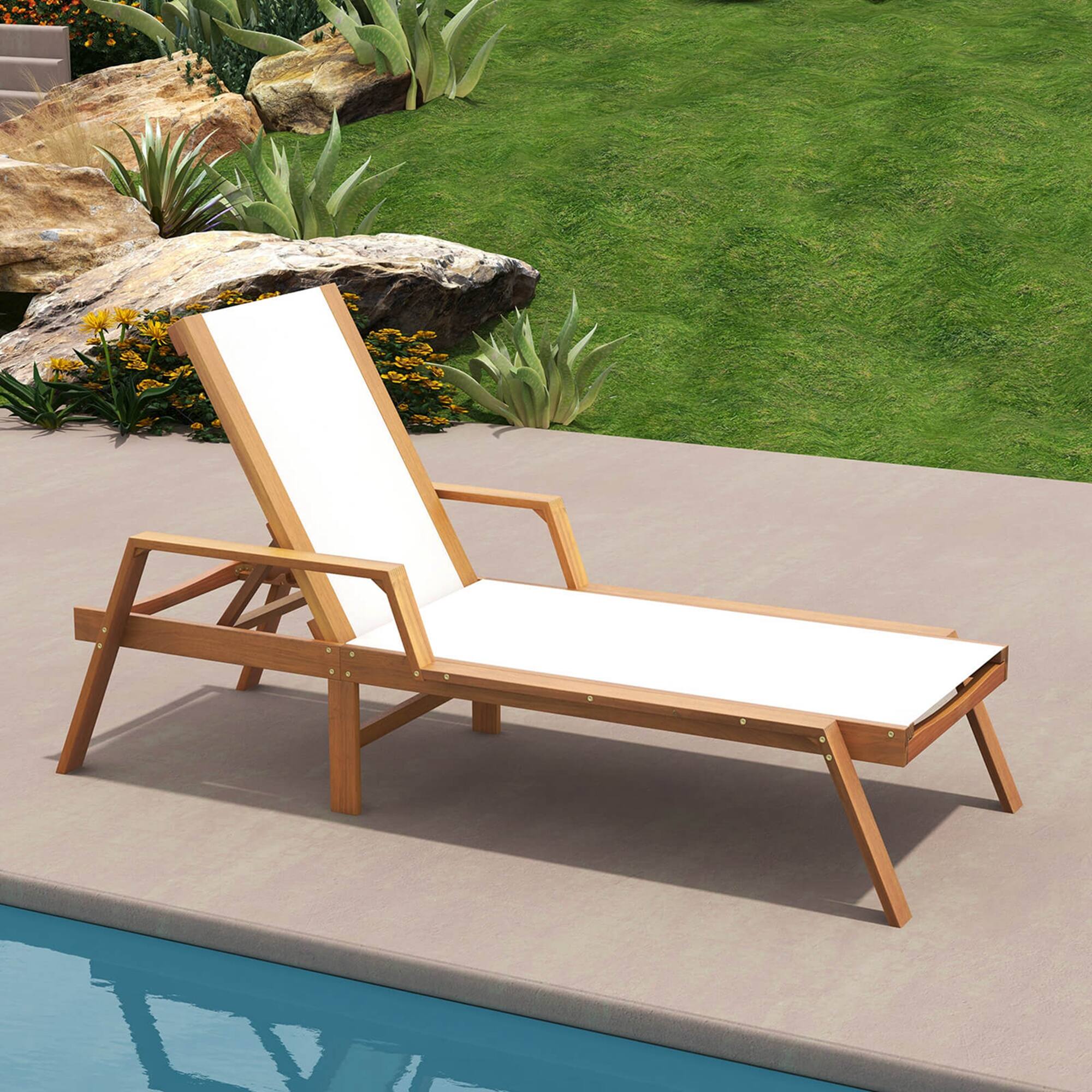 Alt View 1. Costway - Costway 1 PCS Outdoor Chaise Lounge with  Adjustable 5-position Backrest Solid Wood Frame - Natural.